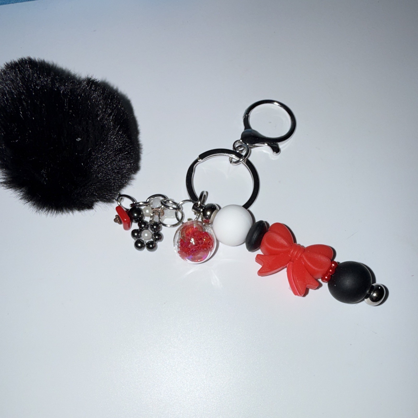 Black Faux Fur Pom Pom Bow Beaded Key Chain/Bag Charm w/Keyring
