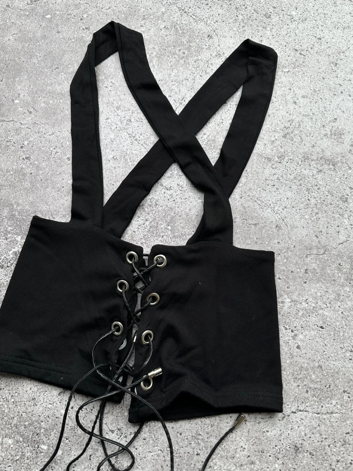 Y2K Black Lace Up Bustier Crop Top Women’s Strappy Stretch Clubwear Vintage