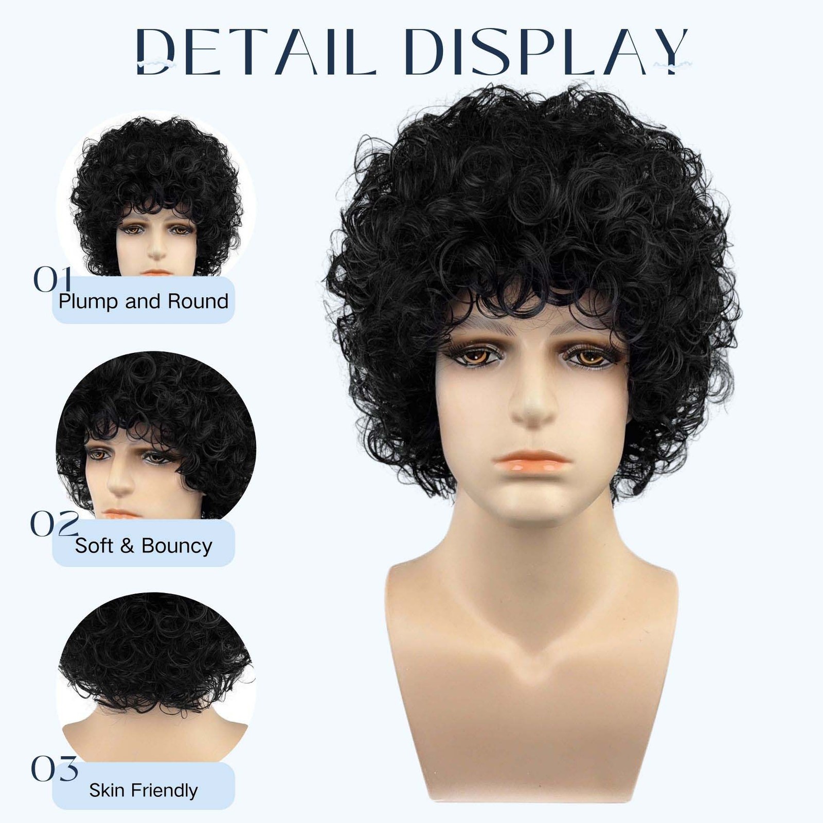 Men’s 12in Short Curly Wig Black Heat Resistant Synthetic Full Cosplay Party Wig