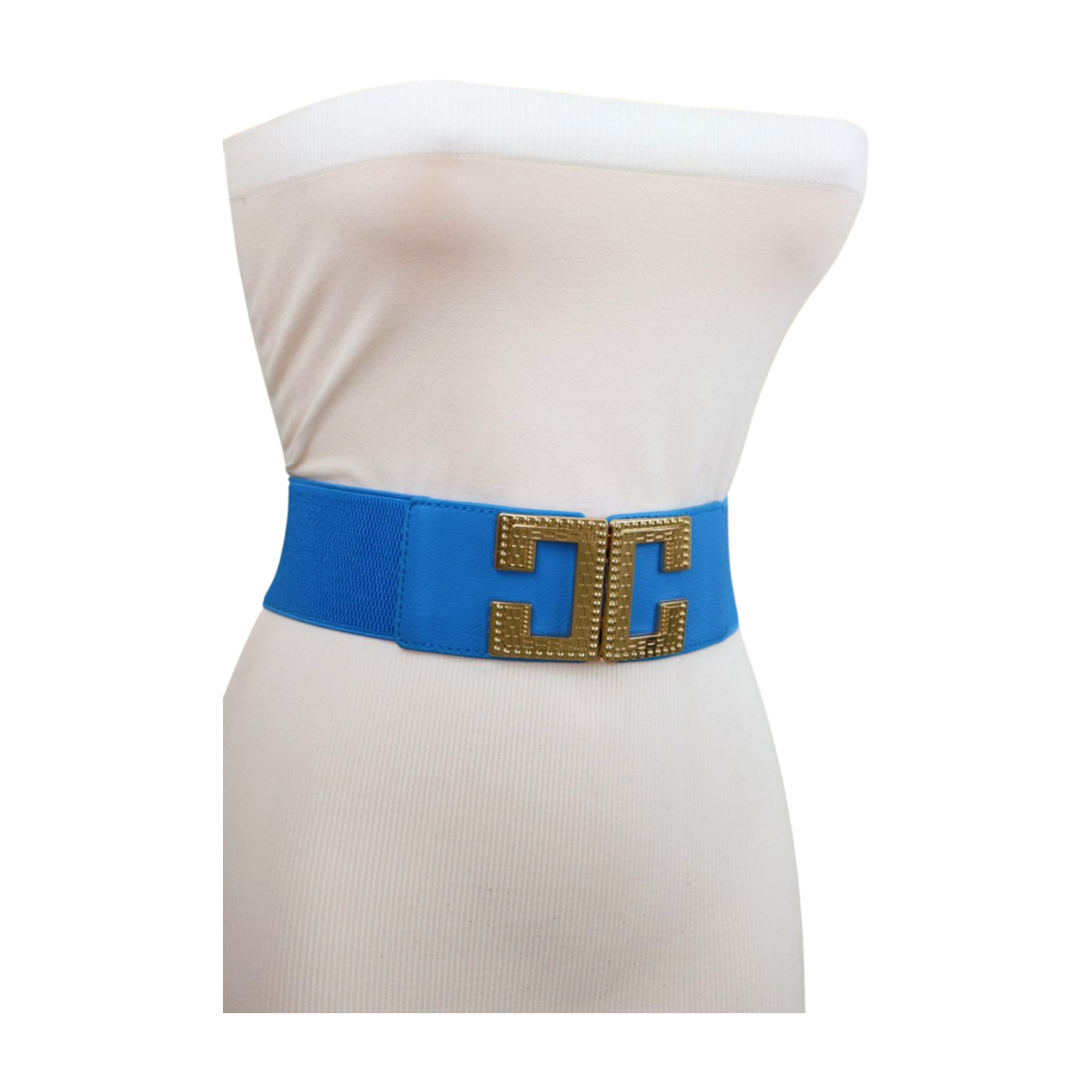 Women Blue Elastic Wide Fashion Belt Hip High Waist Gold Metal C Buckle Size S M