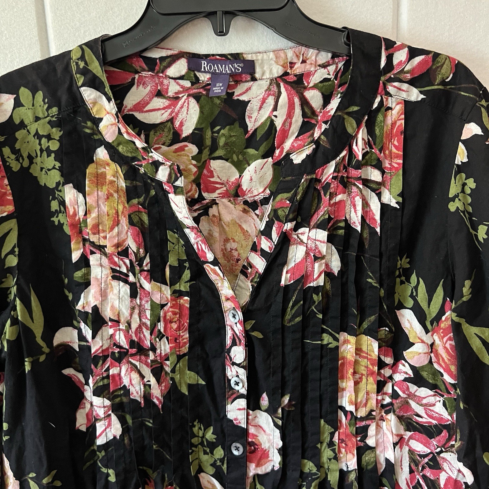 Roman’s Women’s Tunic Blouse Size 18 Extra Large Roll Tab Sleeve Floral Pink
