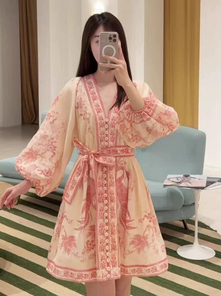 NWT Zimmermann Summer Resort VNeck Lantern Sleeve Floral Print Belted Mini Dress