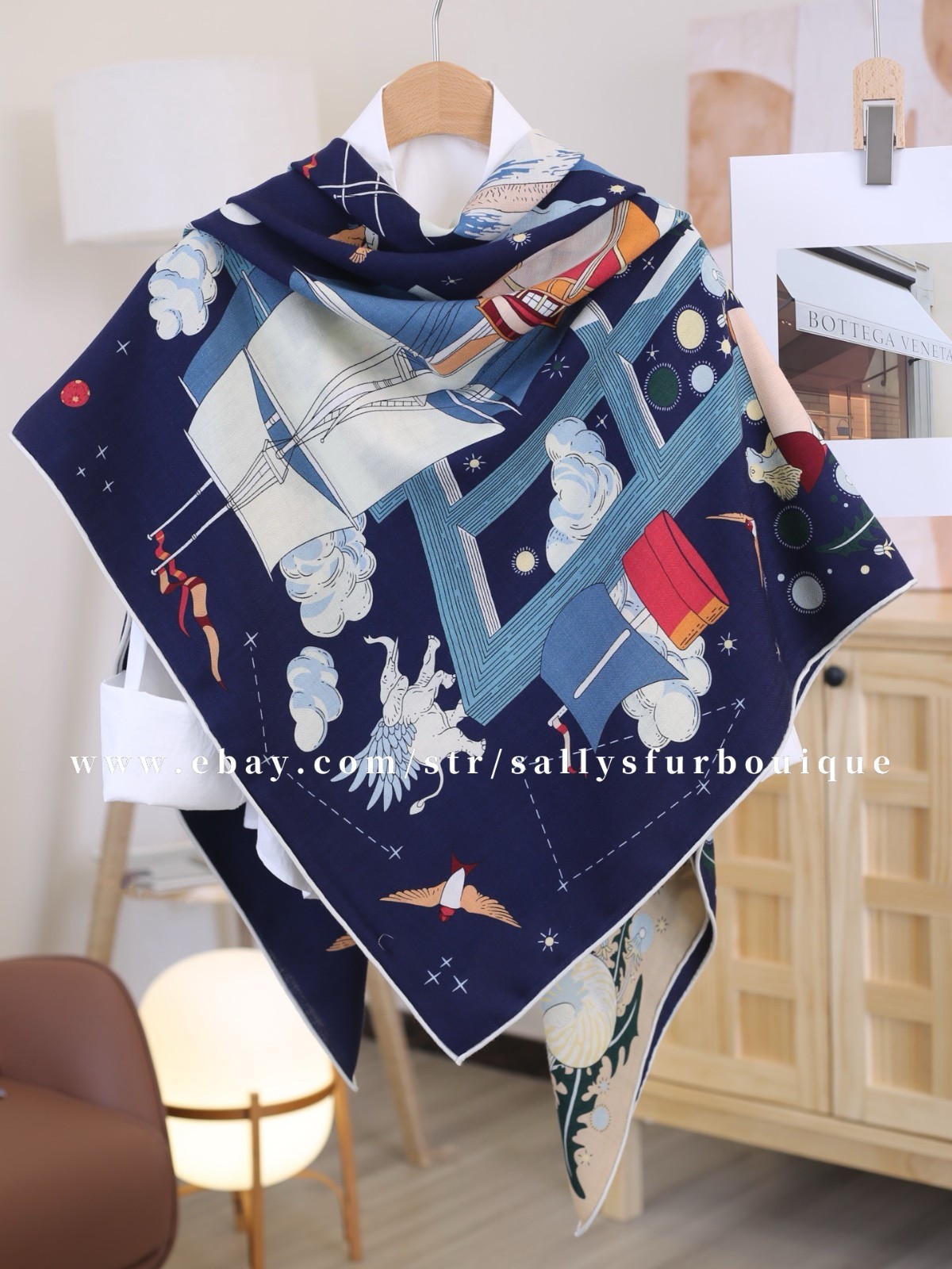 Sallys 70% Cashmere & 30% Silk Wrap Scarf Boat Print Double Face Shawl 53″ Navy