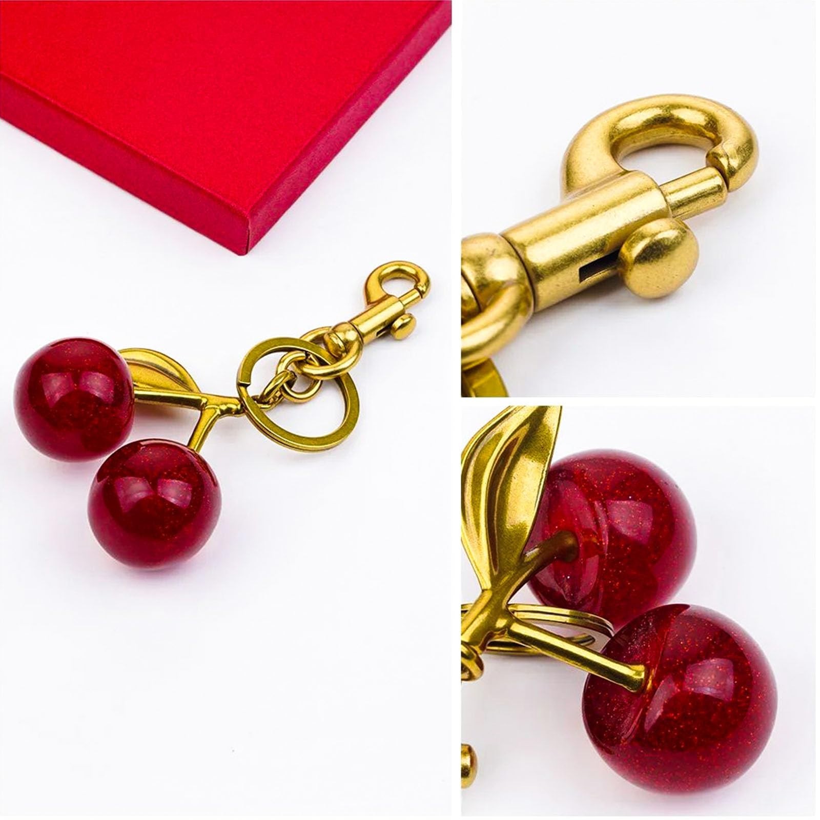 Women’s Cute Cherry Bag Charm Keychain – Red Glitter Purse Key Chain