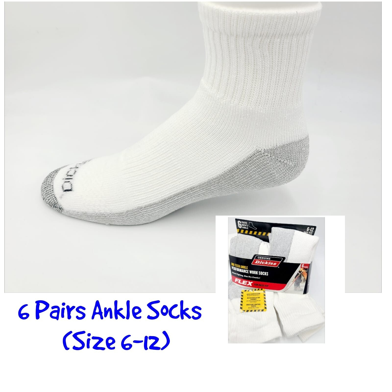 Dickies Men’s Dri-tech Moisture Control Ankle Socks 6 Pairs Size 6-12 White/Gray