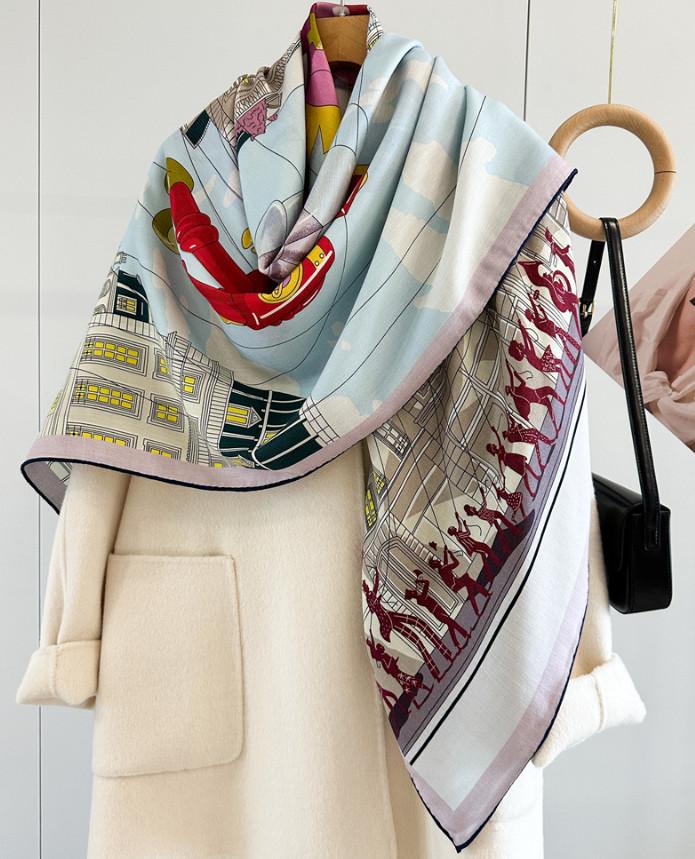 70% Cashmere 30% Silk Wrap Scarf Horse Print Double Face Print Shawl 135X135cm