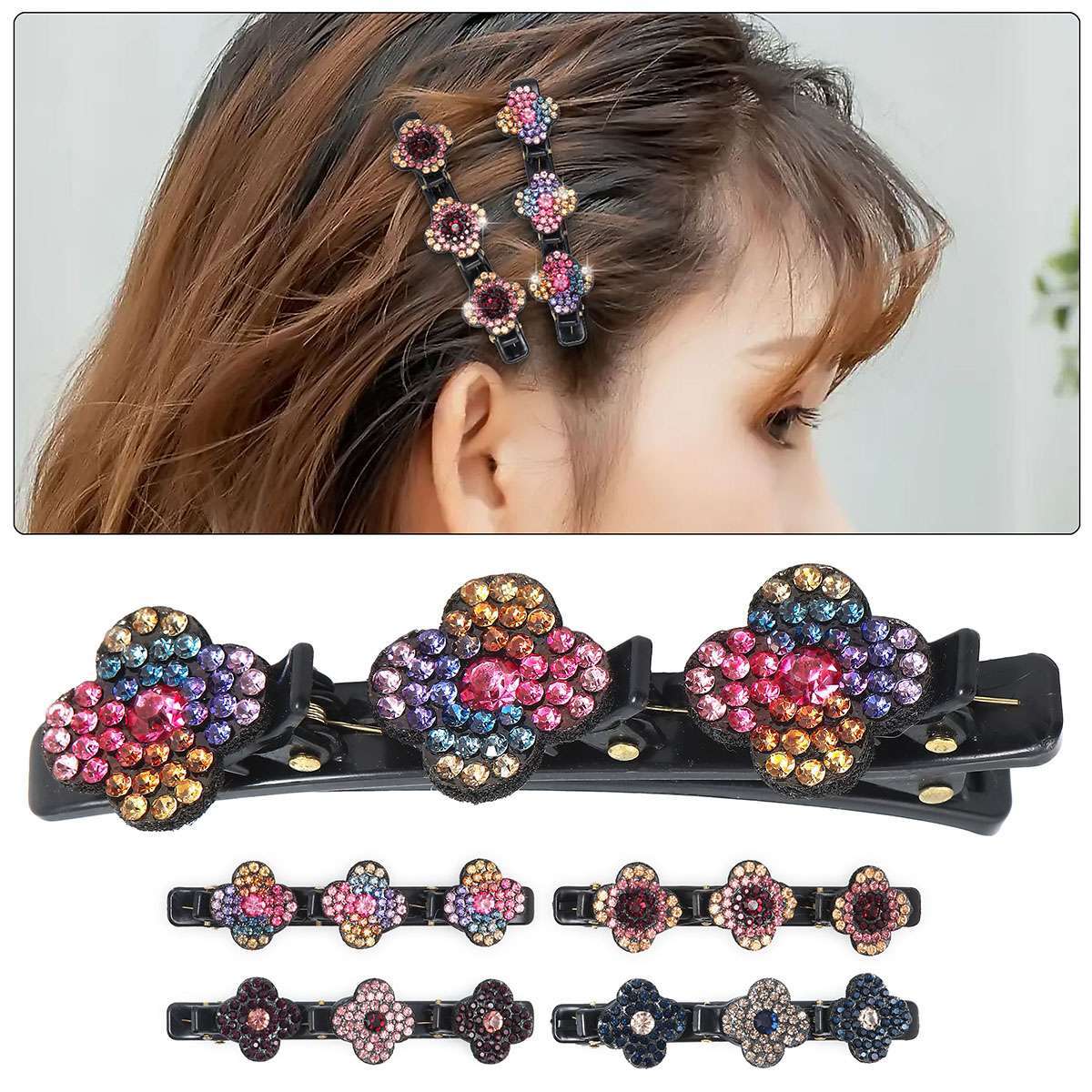 4PCS Sparkling Crystal Stone Double Bangs Satin Fabric Braided Hair Clips Bands