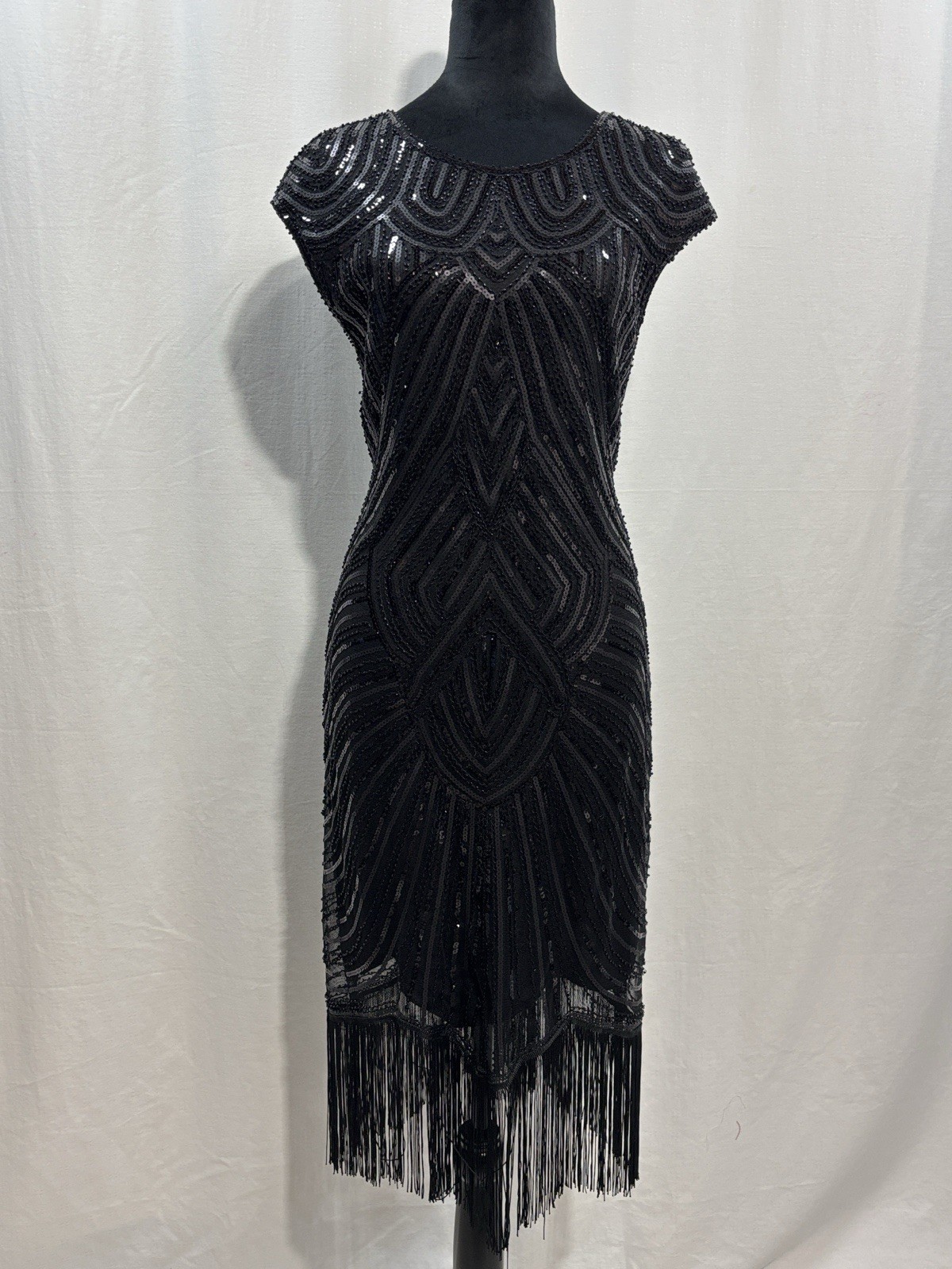 Black Sequin Fringe Midi Dress with Art Deco Beading and headpiece party costume