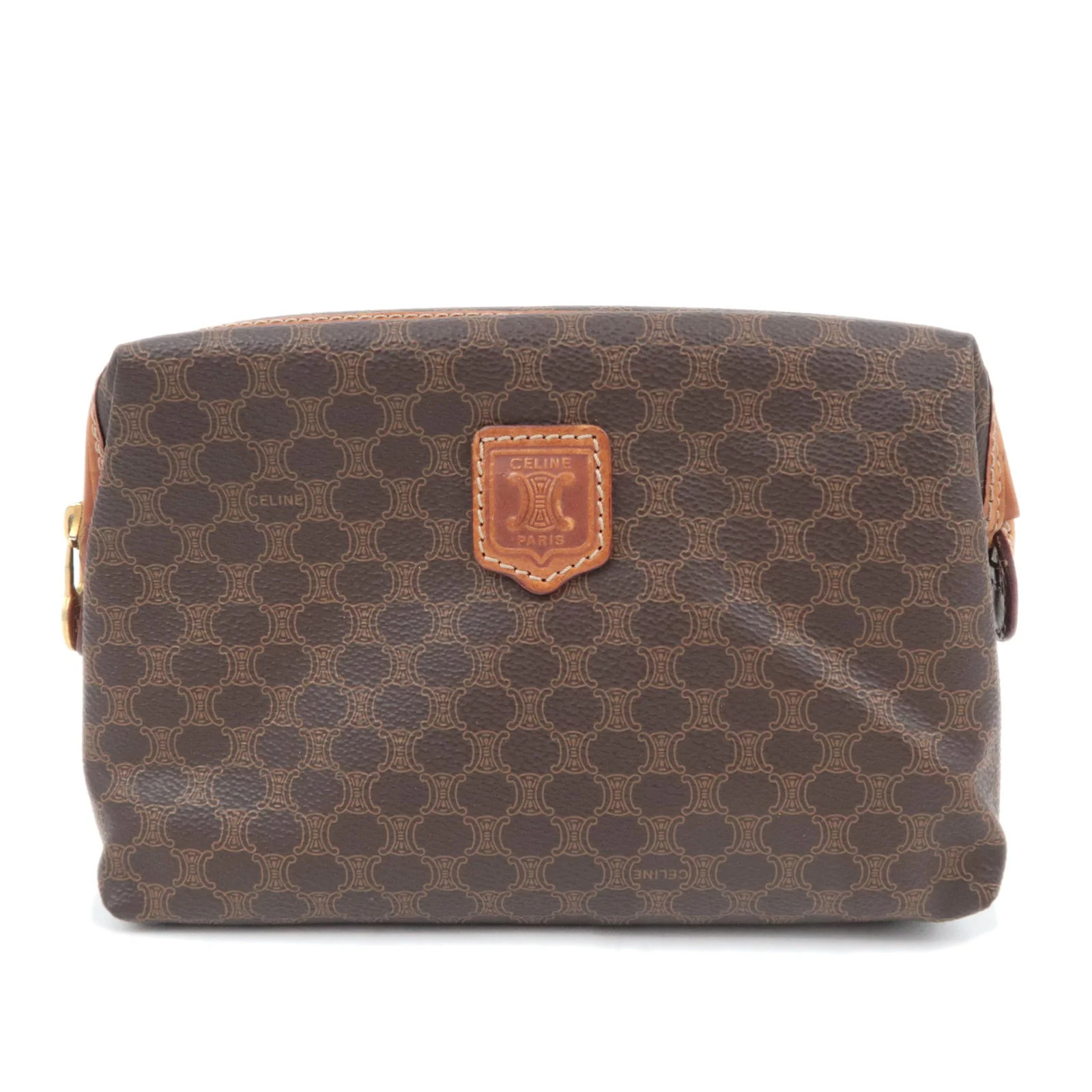 CELINE Macadam PVC Leather Cosmetic Pouch Brown Gold HDW Authentic