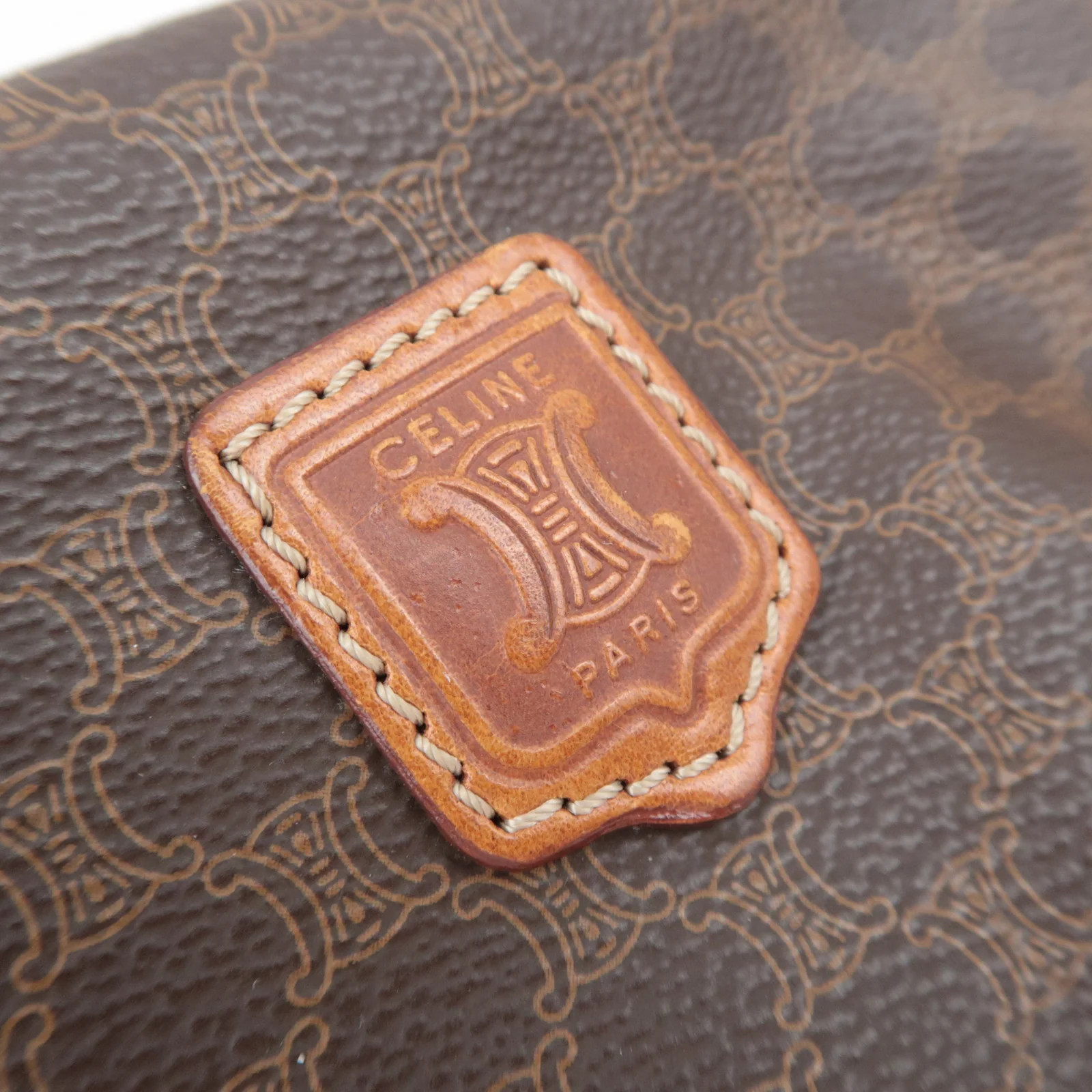 CELINE Macadam PVC Leather Cosmetic Pouch Brown Gold HDW Authentic