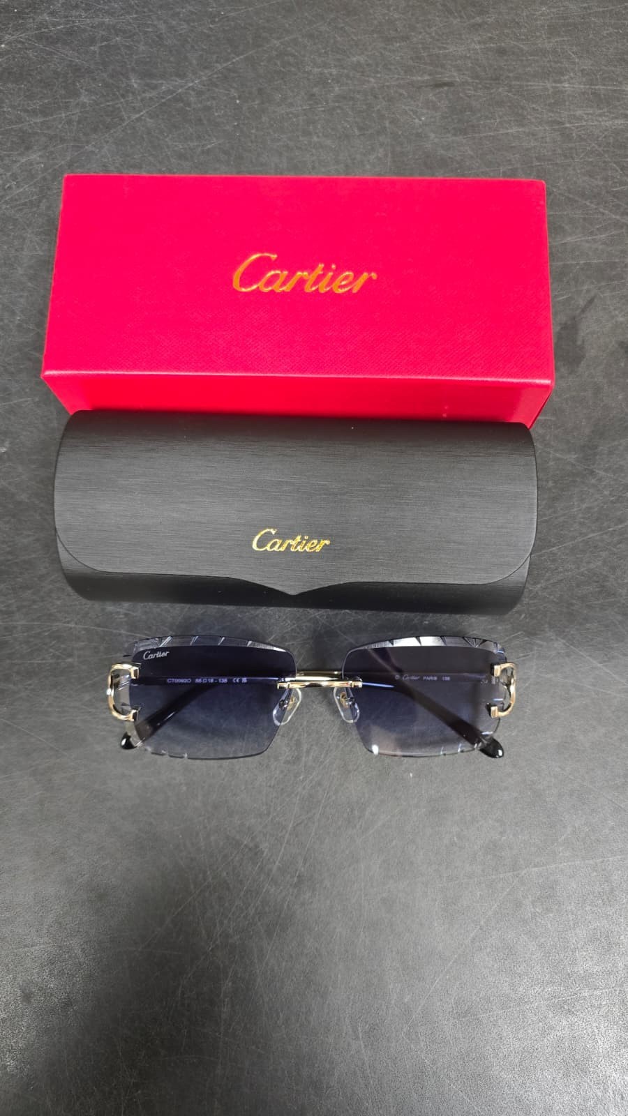 Cartier Big C Diamond Cut Red to Blue Fade Frameless Lens Gold Frame Big Box Ed.