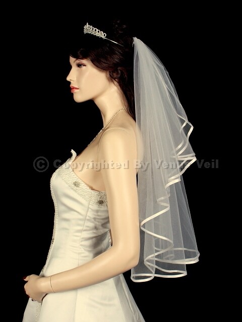 1T Ivory Elbow Length Ribbon Edge Center Cascade Bridal Wedding Veil