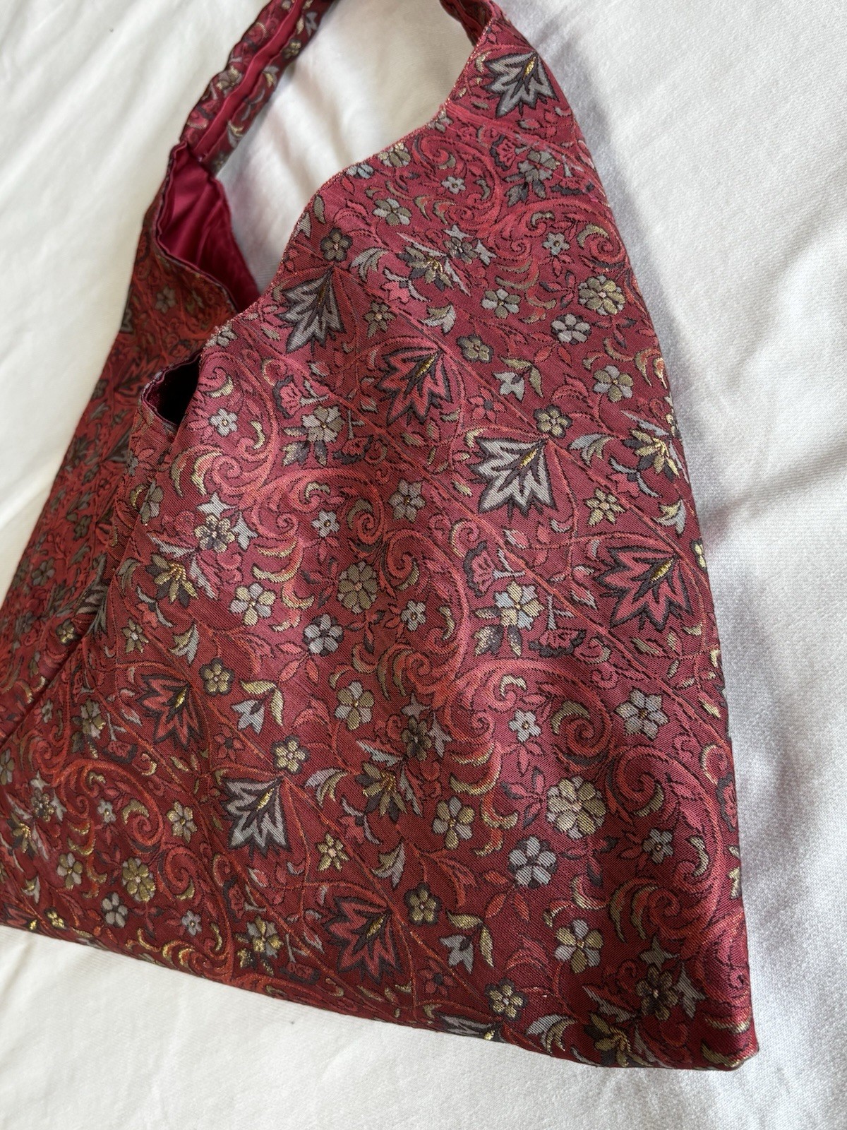 Vintage One of a Kind Japanese Obi Silk Shoulder Bag Burgundy Floral Knot Bag