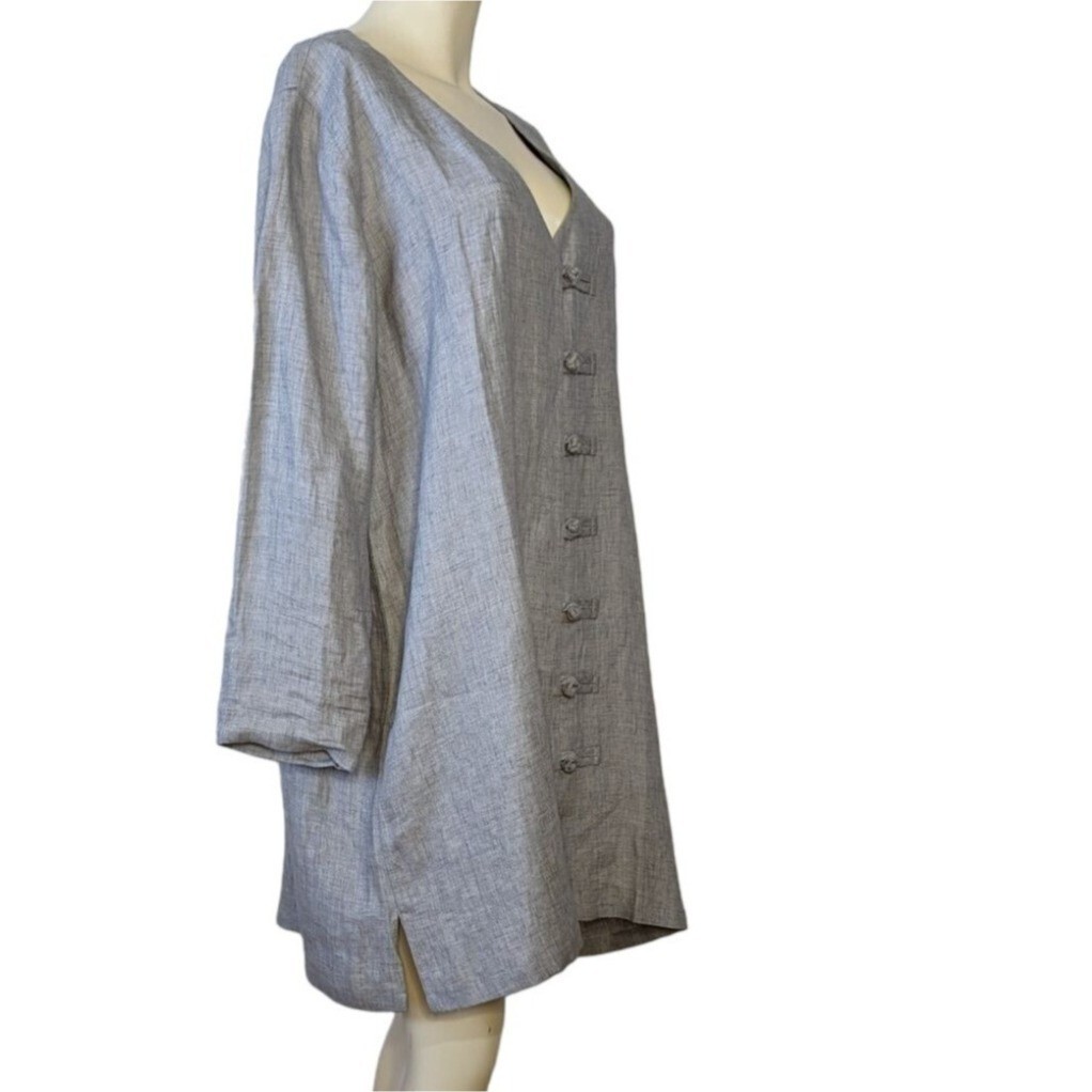 VIVID Natural long sleeve minimalist design button front gray Linen mini dress L