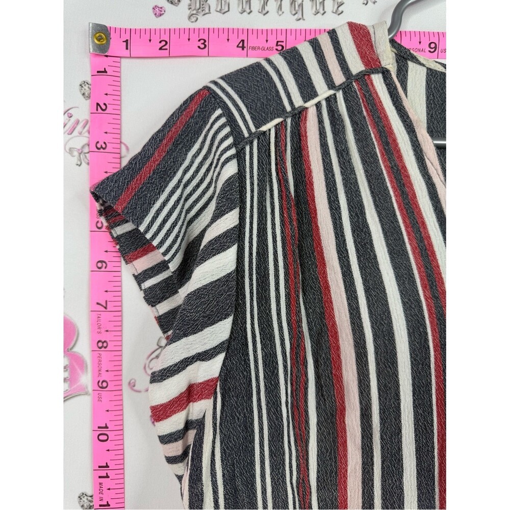 Shirt Striped V-Neck Cap Sleeve Blouse – Black, White & Red