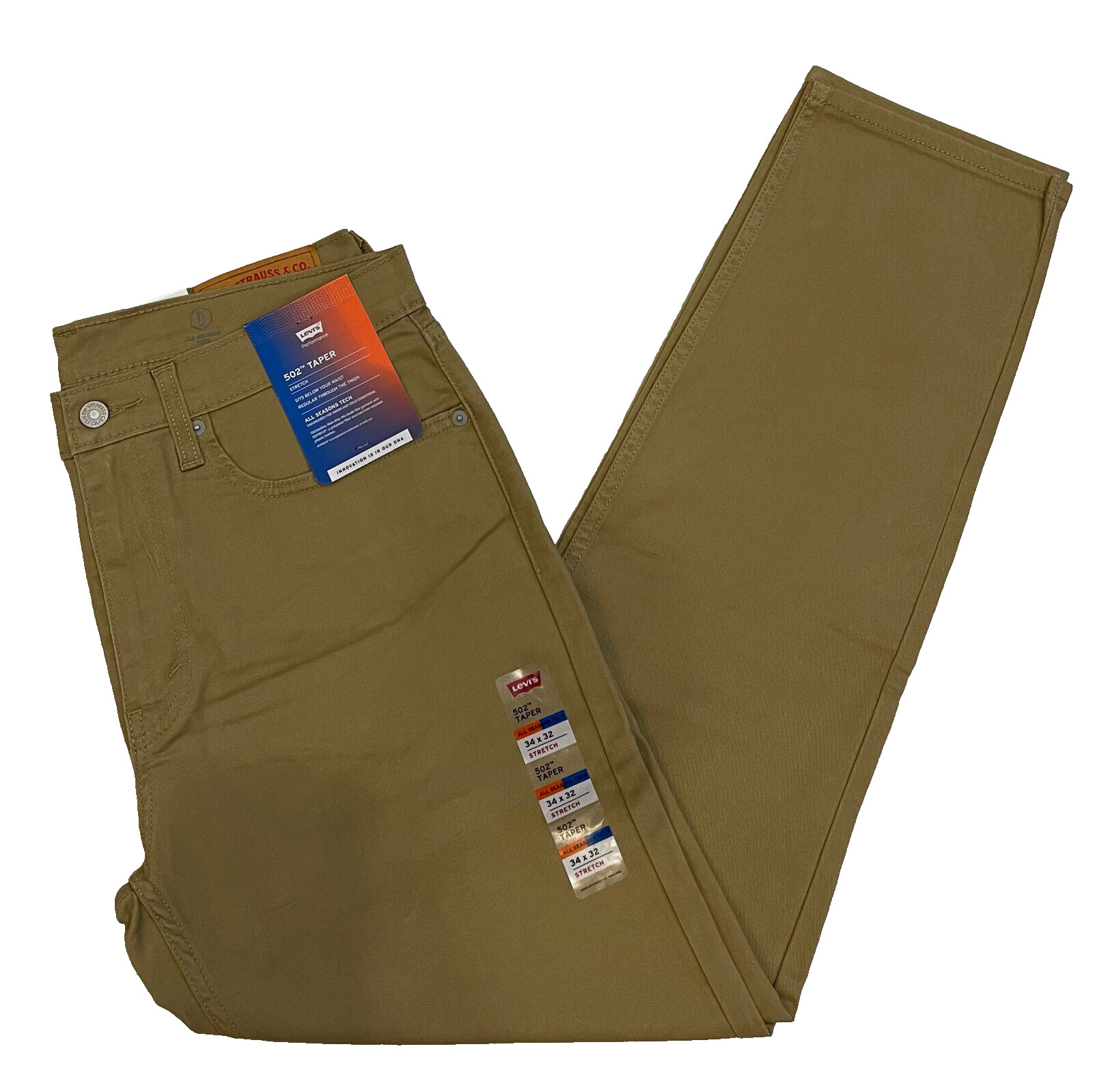 Mens Levis 502 Taper Stretch Twill Jeans 34X32 Harvest Gold All Seasons Tech