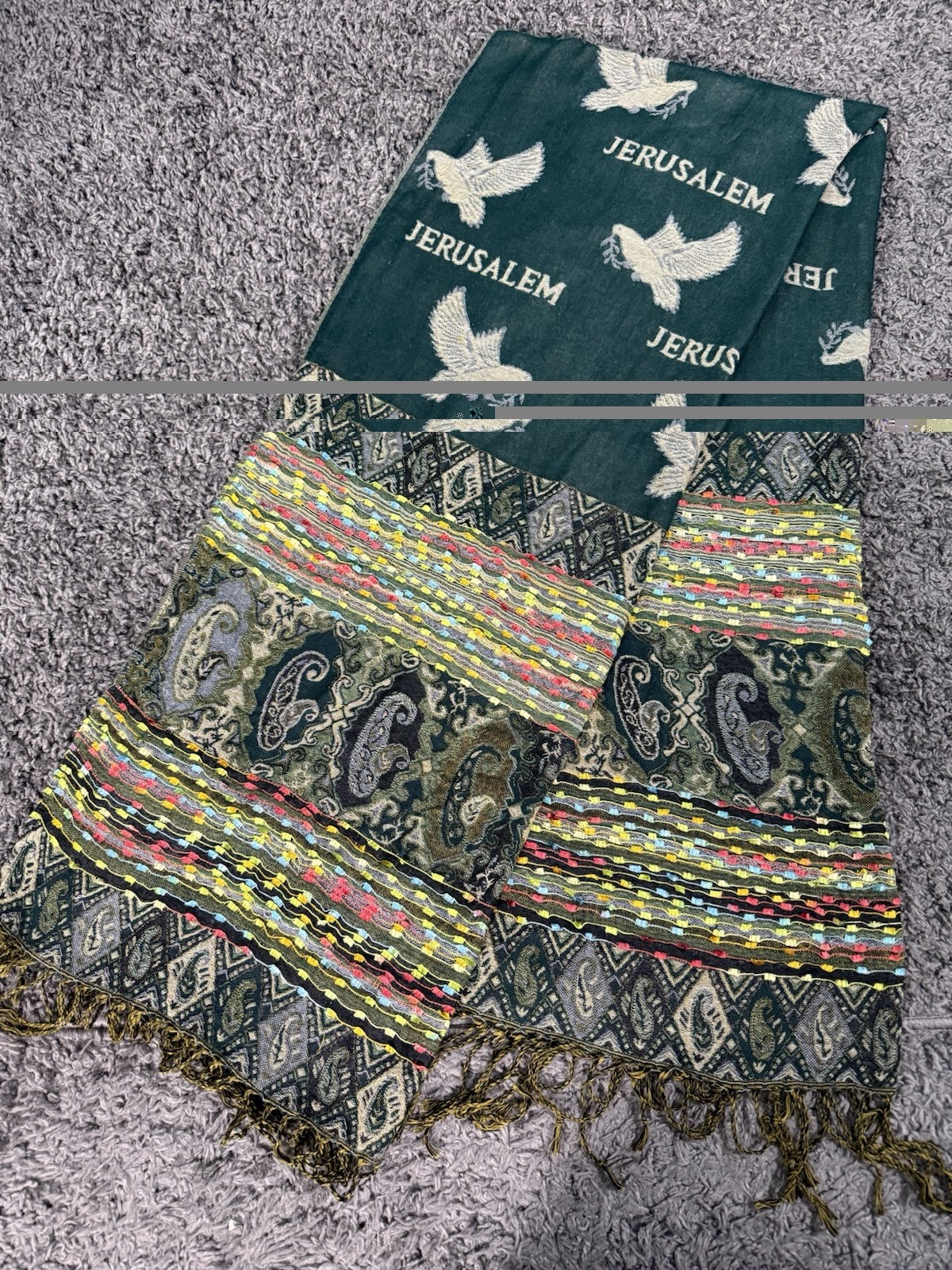 Jerusalem Holy Land 100shmere Pashmina-Shawl-Scarf. Green with dove of peace
