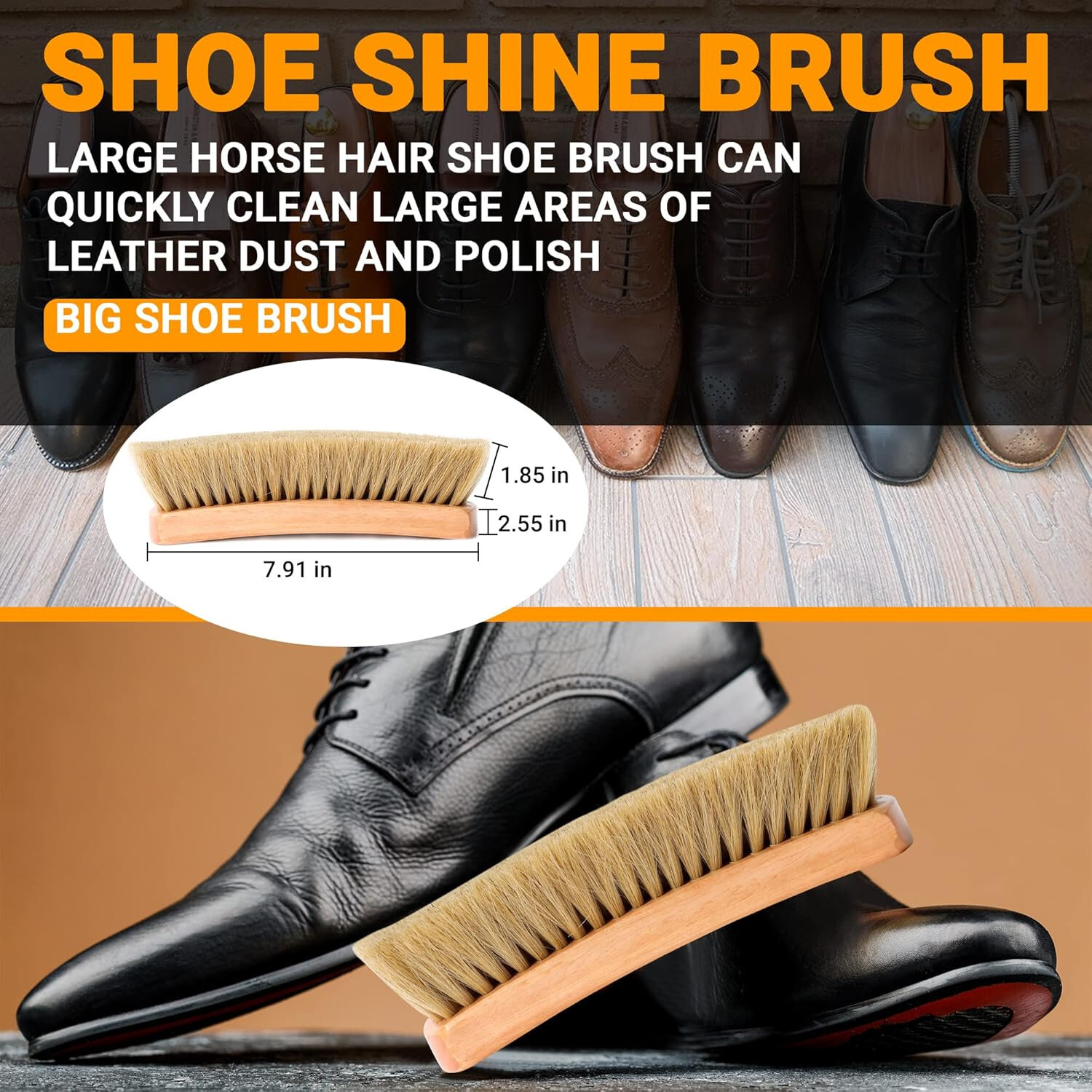 Pro LARGE Shine Brush Shoe Boot 8″ Blonde Light 100% HorseHair Bristles RALYN