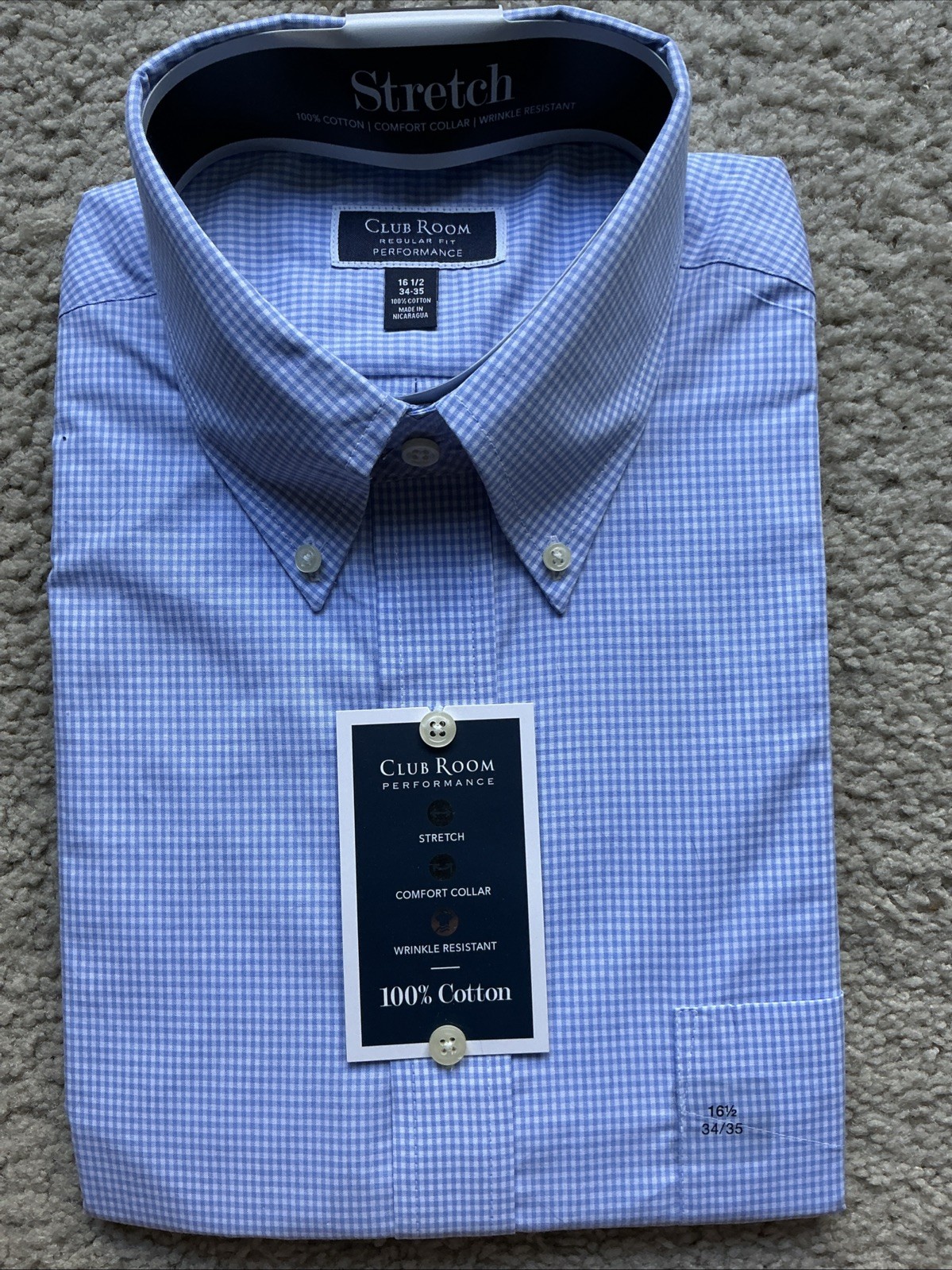 Club Room Performance Men’s Regular Fit Dress Shirt 16.5 34/35 Light Blue
