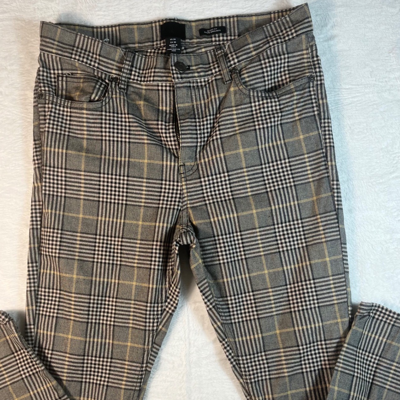 H&M Plaid Skinny Fit Pants Women US 30 Black Grey Yellow Checkered Preppy