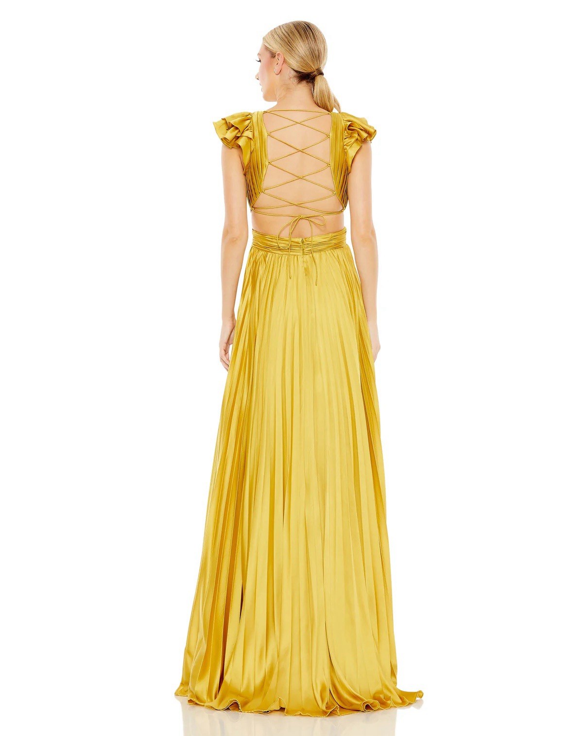 Mac Duggal Size 0 Chartreuse 26729 Pleated Flutter Sleeve V Lace-Up Gown Dress