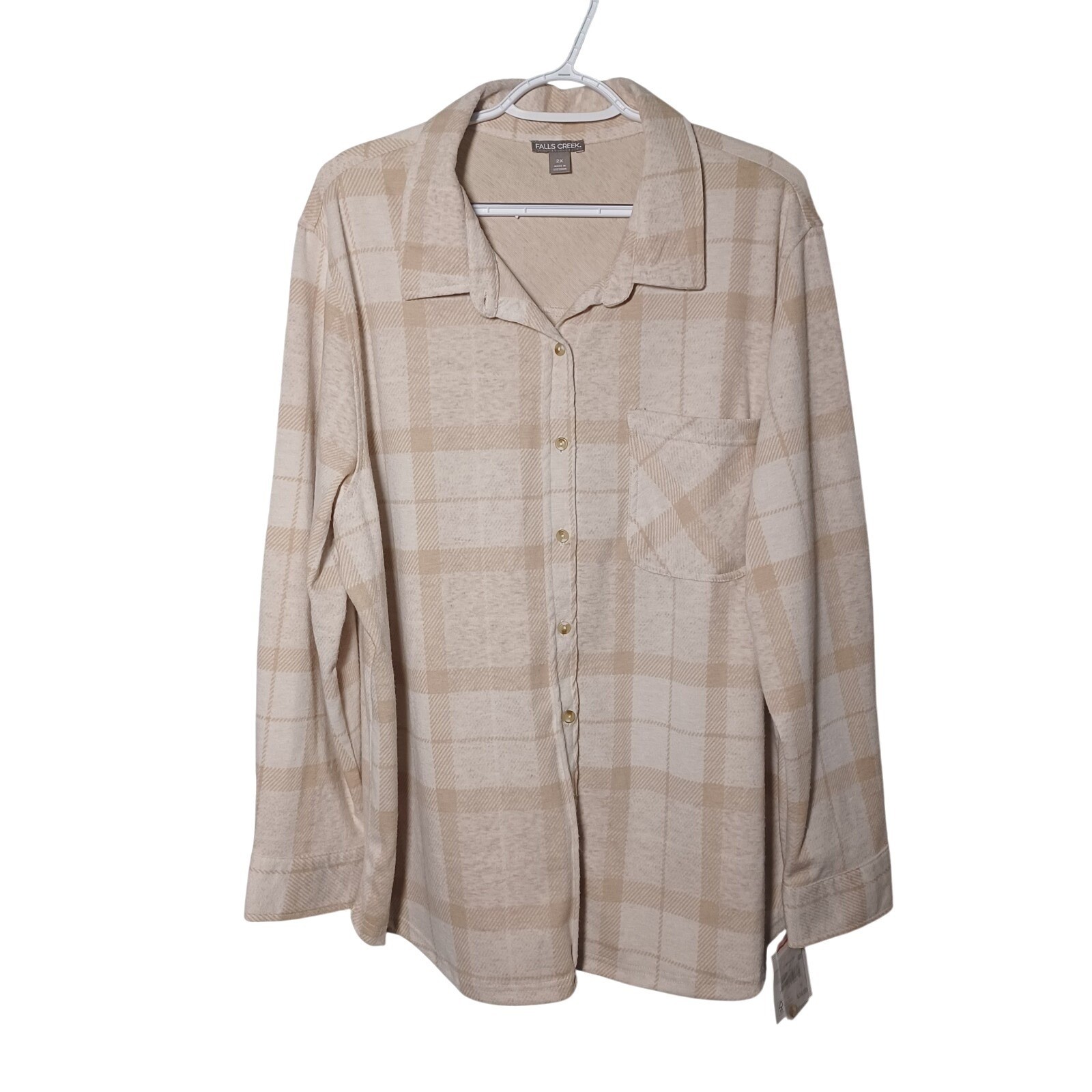 Soft Beige White Plaid Flannel L/S Knit Button-D Shirt Womens 2XL Light Academia