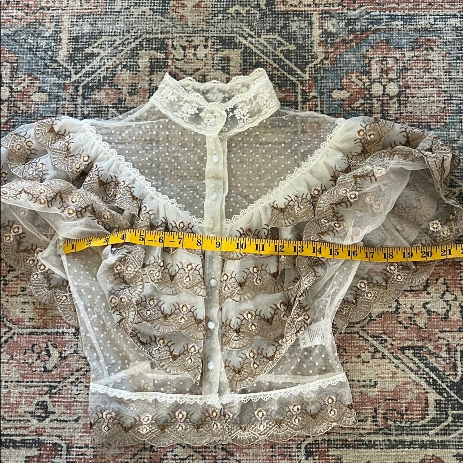 BEULAH Style Victorian-Inspired White Lace Blouse with Golden Embroidery Size: S