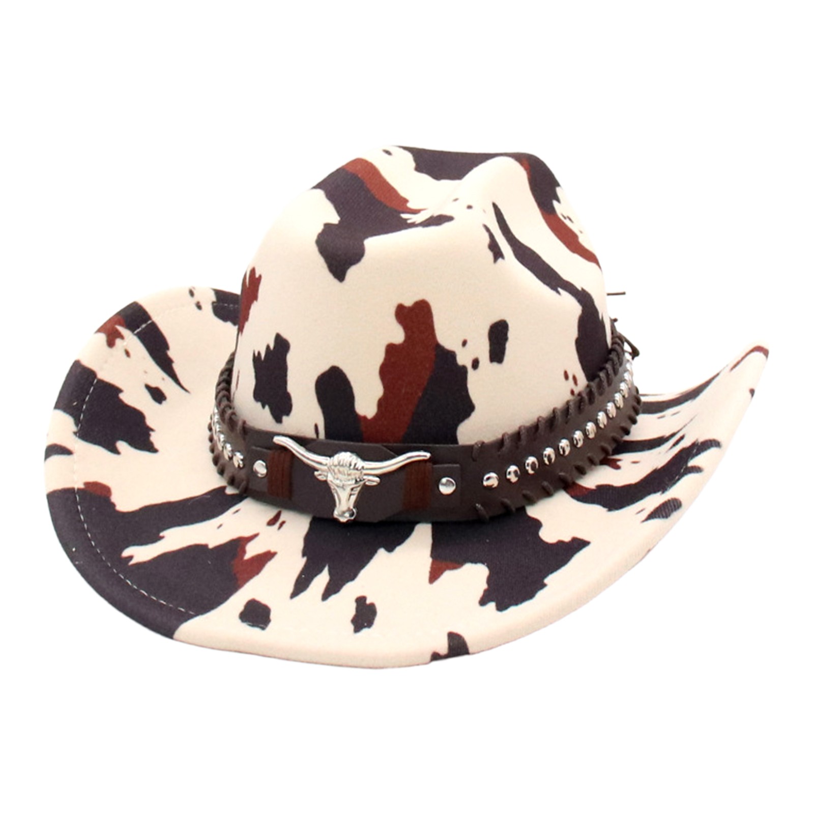 Women Western Cow Print Wide Brim Cowboy Hat with Cow Head Rivet Belt Decoration