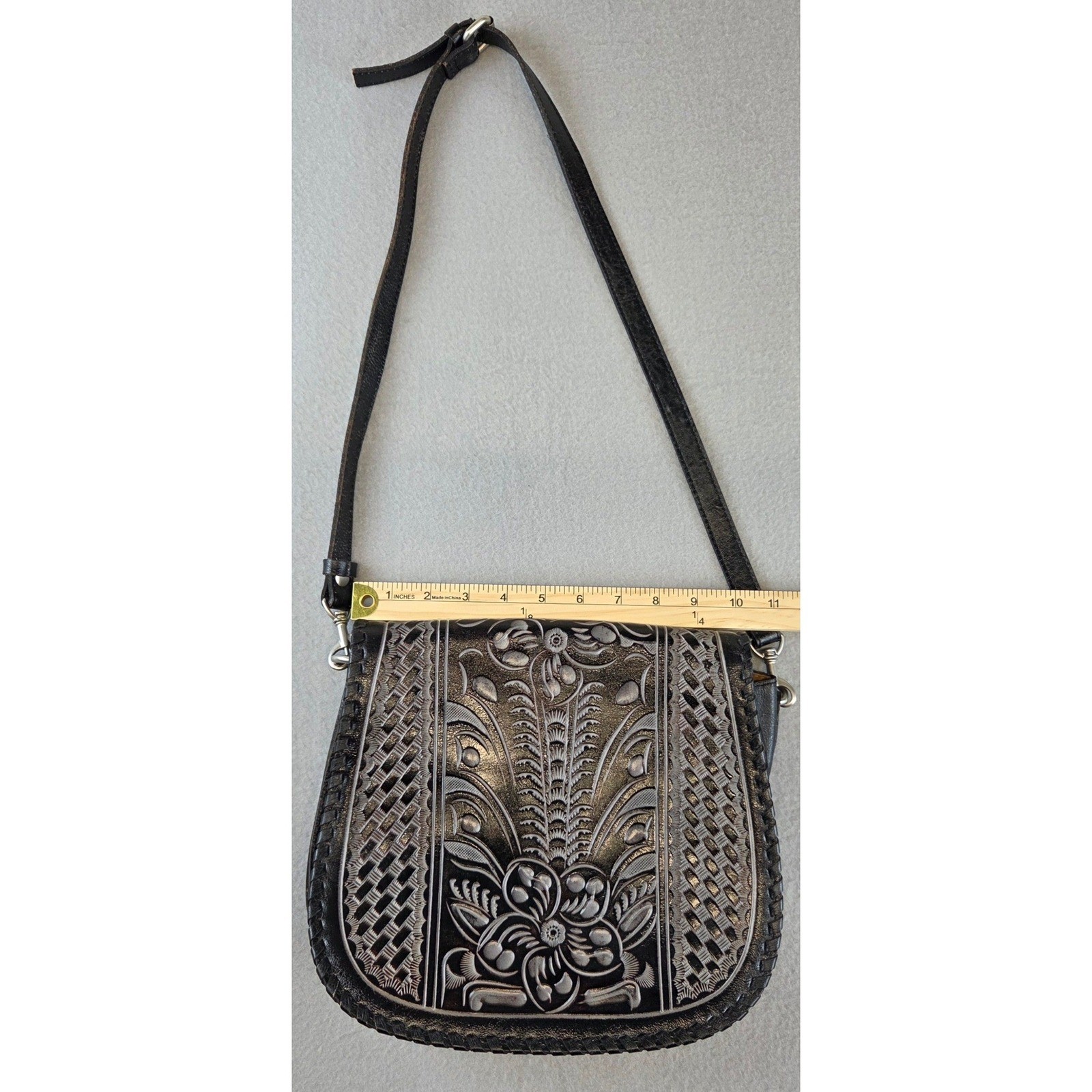Patricia Nash Leather Crossbody Saddle Bag Embossed Silver Floral Boho Western