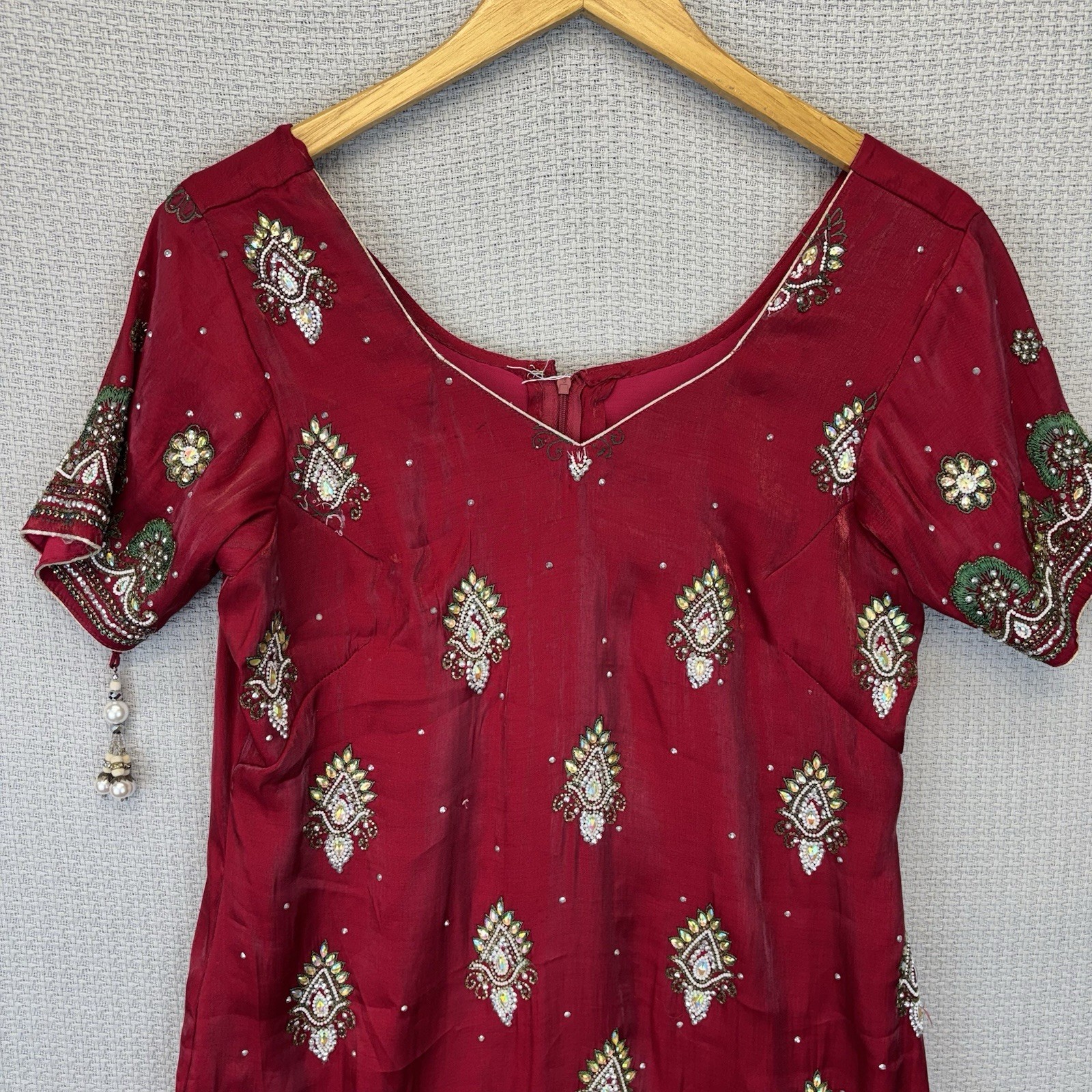 Indian Pakistani Women’s Red Heavily Beaded Kurti Kurta Tunic Dress S 4 Wedding