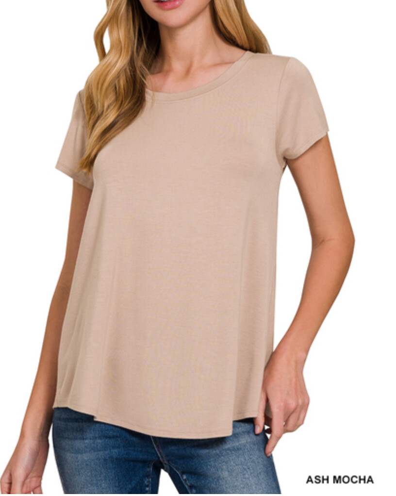 ZENANA 8521 Flowy Round Hem Rayon Short Cap Sleeve Knit Top Tee Essential Shirt