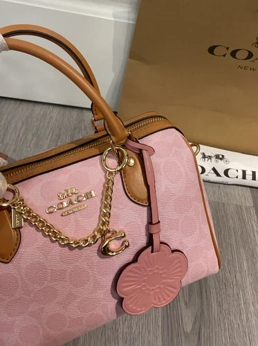 Coach Rowan Satchel Bag Signature Canvas With Charms Gold/Powder Pink CEA18 New