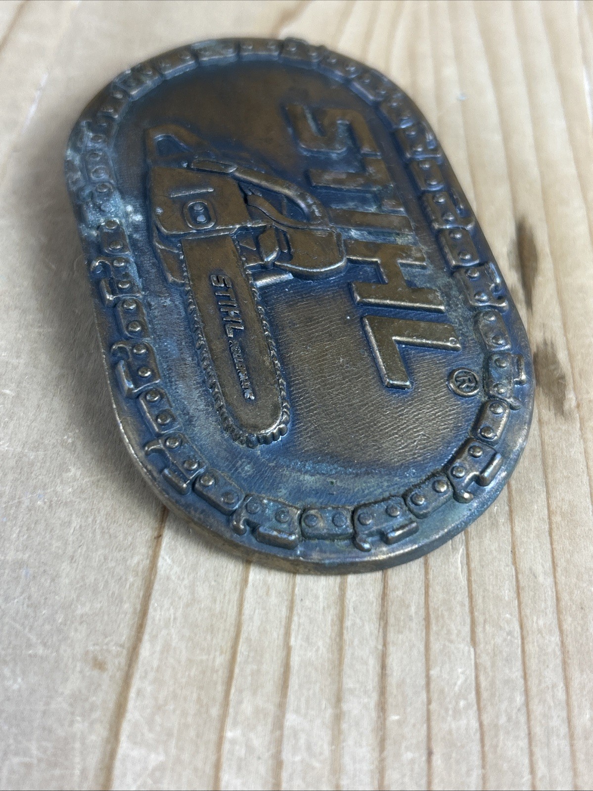 STIHL Chainsaw Belt Buckle Brass Chain Border Vintage 1980s