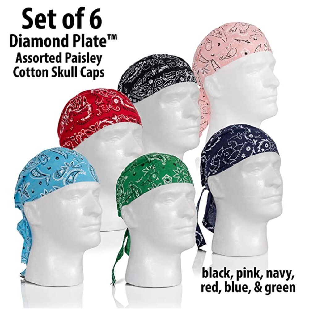 6pc Do Rag Skull Set Cap Black Cotton Du Head Wrap Motorcycle Biker Bandana