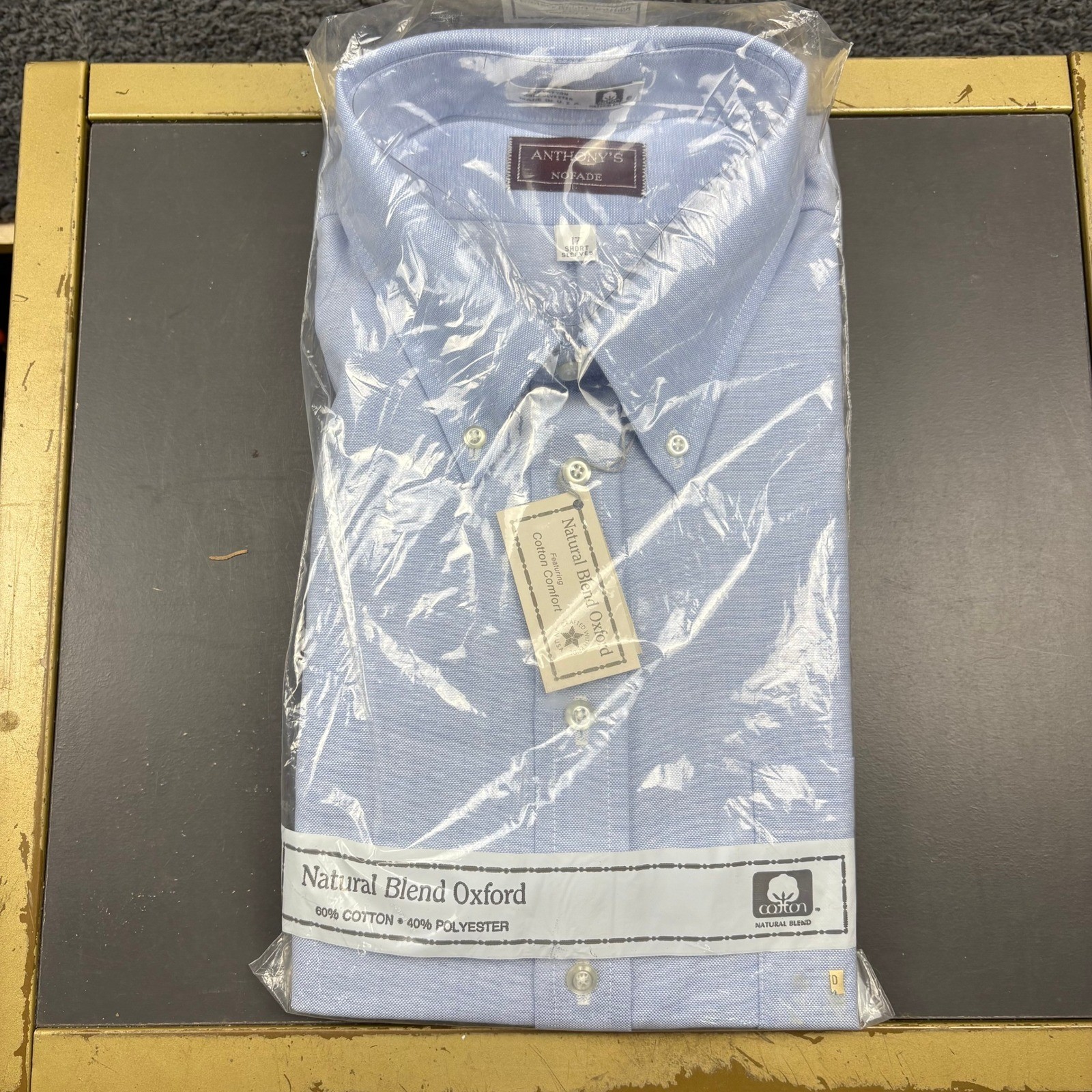 Anthonys Nofade Mens 17 Short Sleeves Natural Blend Oxford Dress Shirt NWT Blue