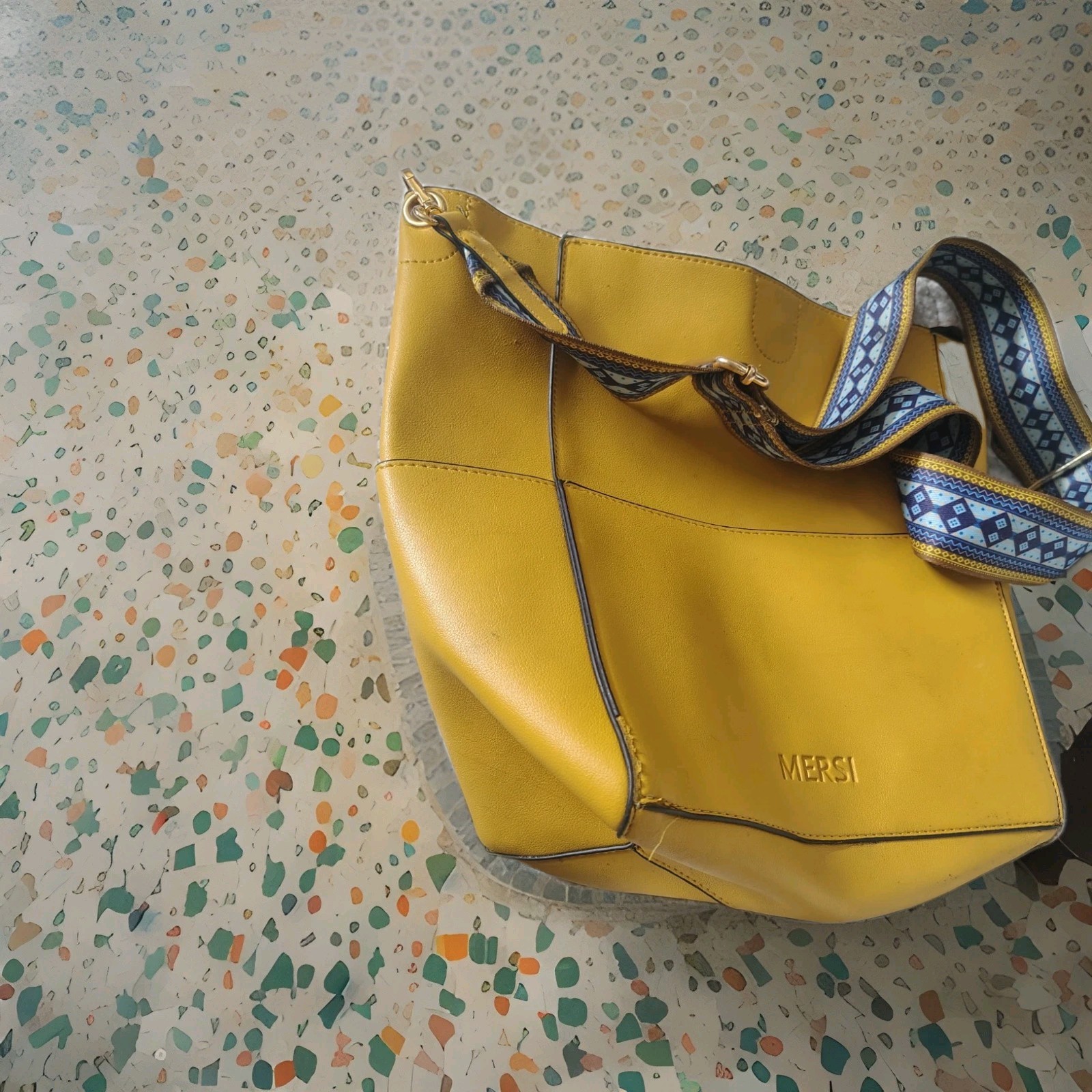 MERSI Yellow Medium Bucket Shoulder Bag Geometric Strap Gold Hardware Zip