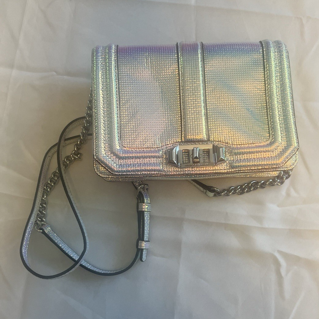 Rebecca Minkoff Iridescent Silver Crossbody Bag Turn Lock Chain Strap Detach
