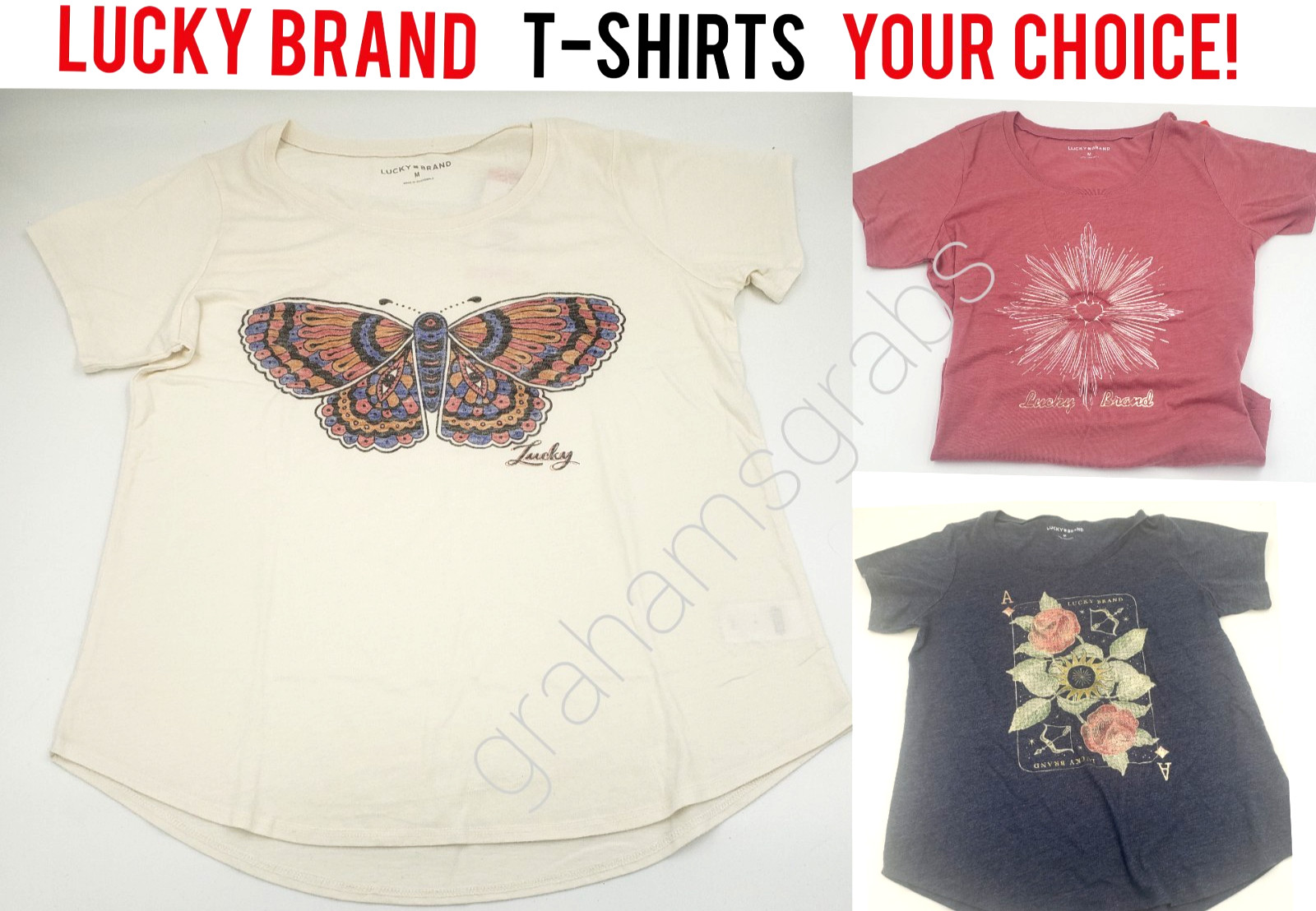 LUCKY BRAND WOMEN S GRAPHIC T-SHIRT BUTTERFLY, HEART, MOOD INDIGO – YOU CHOOSE!