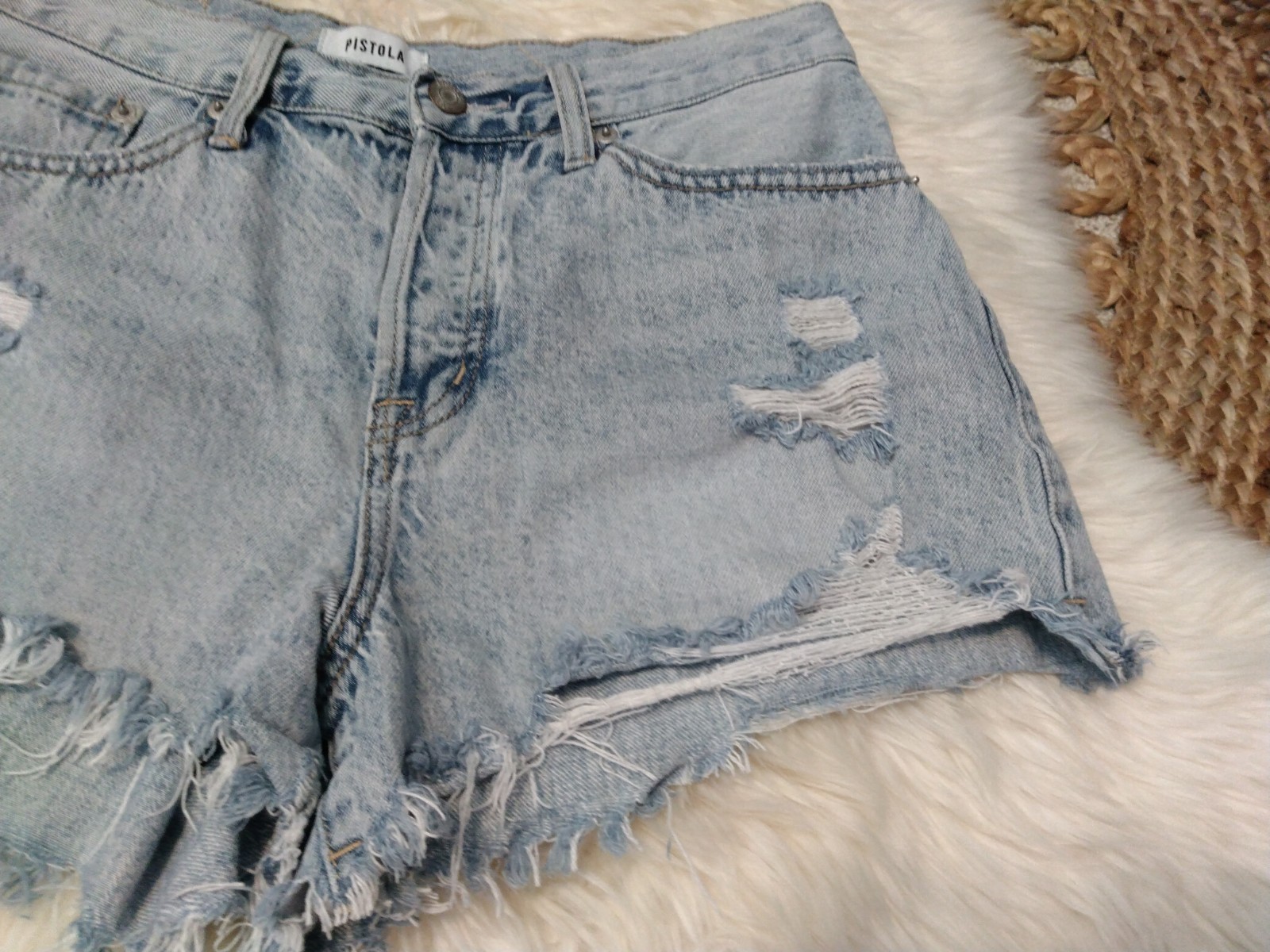 Pistola Light Wash Distressed Denim Cut Off Shorts High Rise Pockets Women’s 29