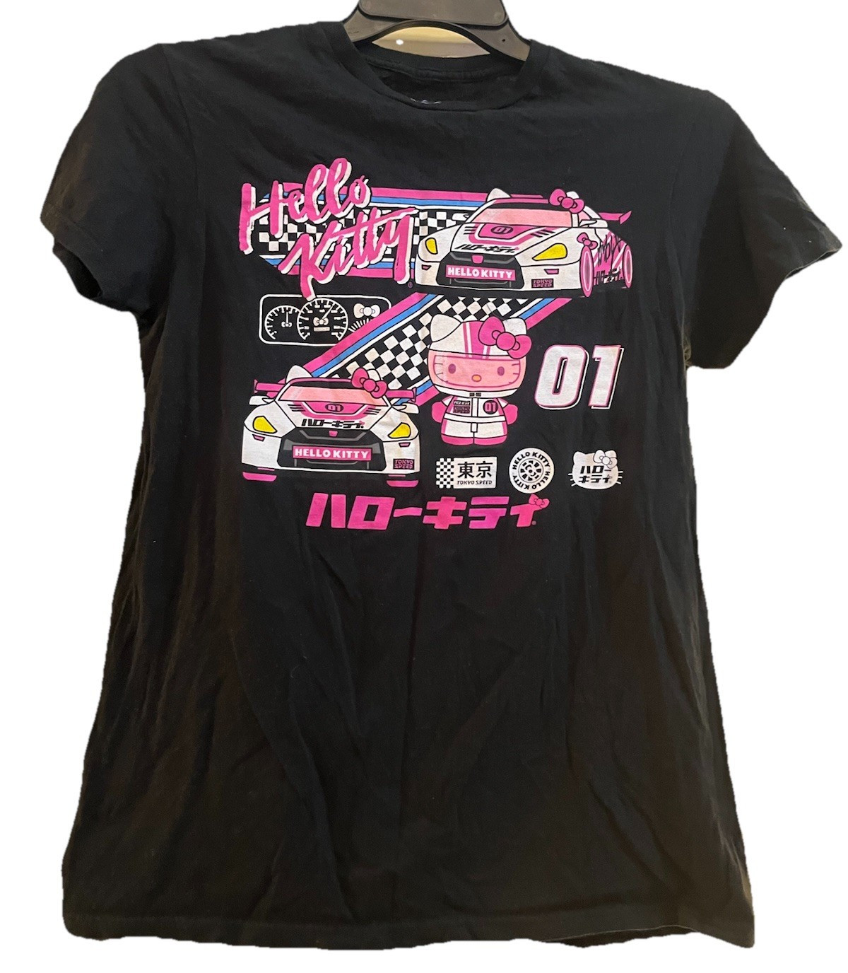 Sanrio Hello Kitty Women’s S Black Short Sleeve Crew Neck Racing Graphic Tee