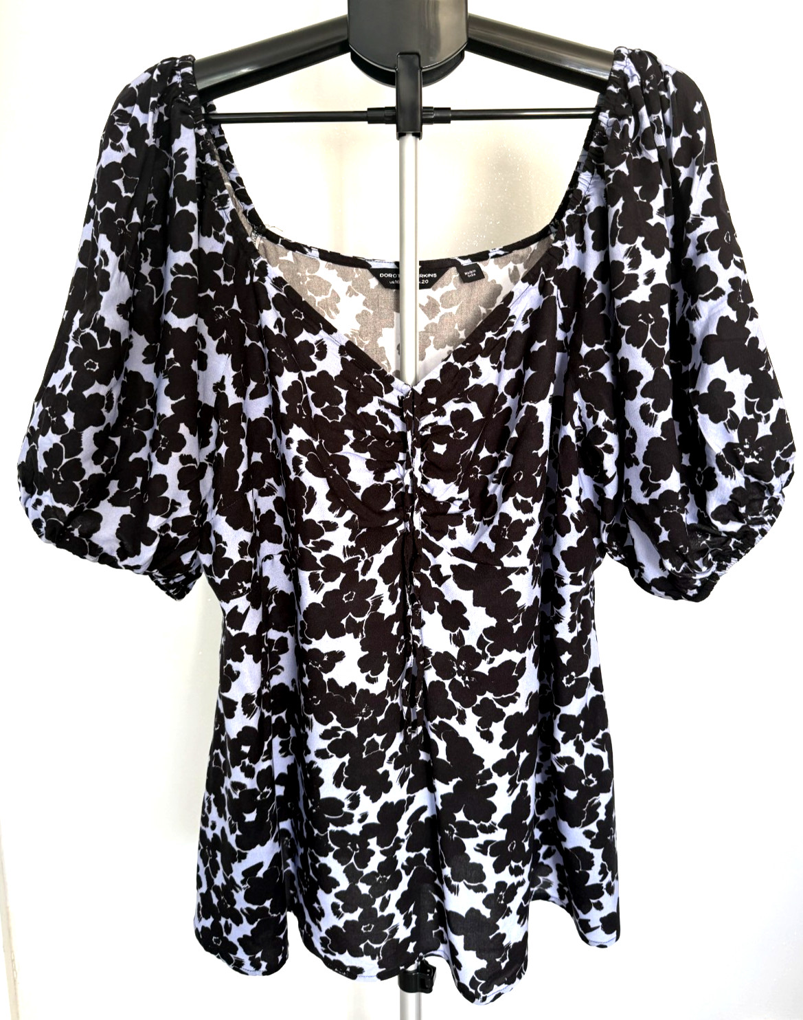 Dorothy Perkins Size 20 Blue Black Floral Milkmaid Puff Sleeve Ruched Top Blouse