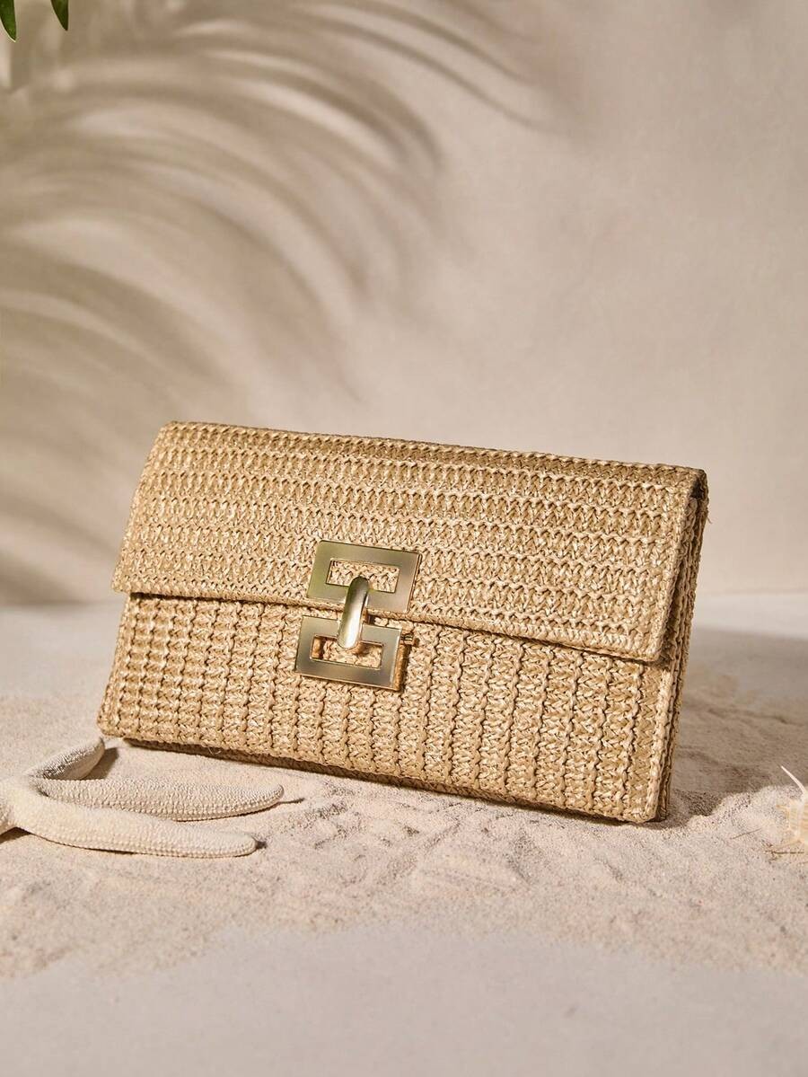 Woven Straw Flap Clutch Bag Medium Turn-Lock Chain Shoulder Purse Vacation