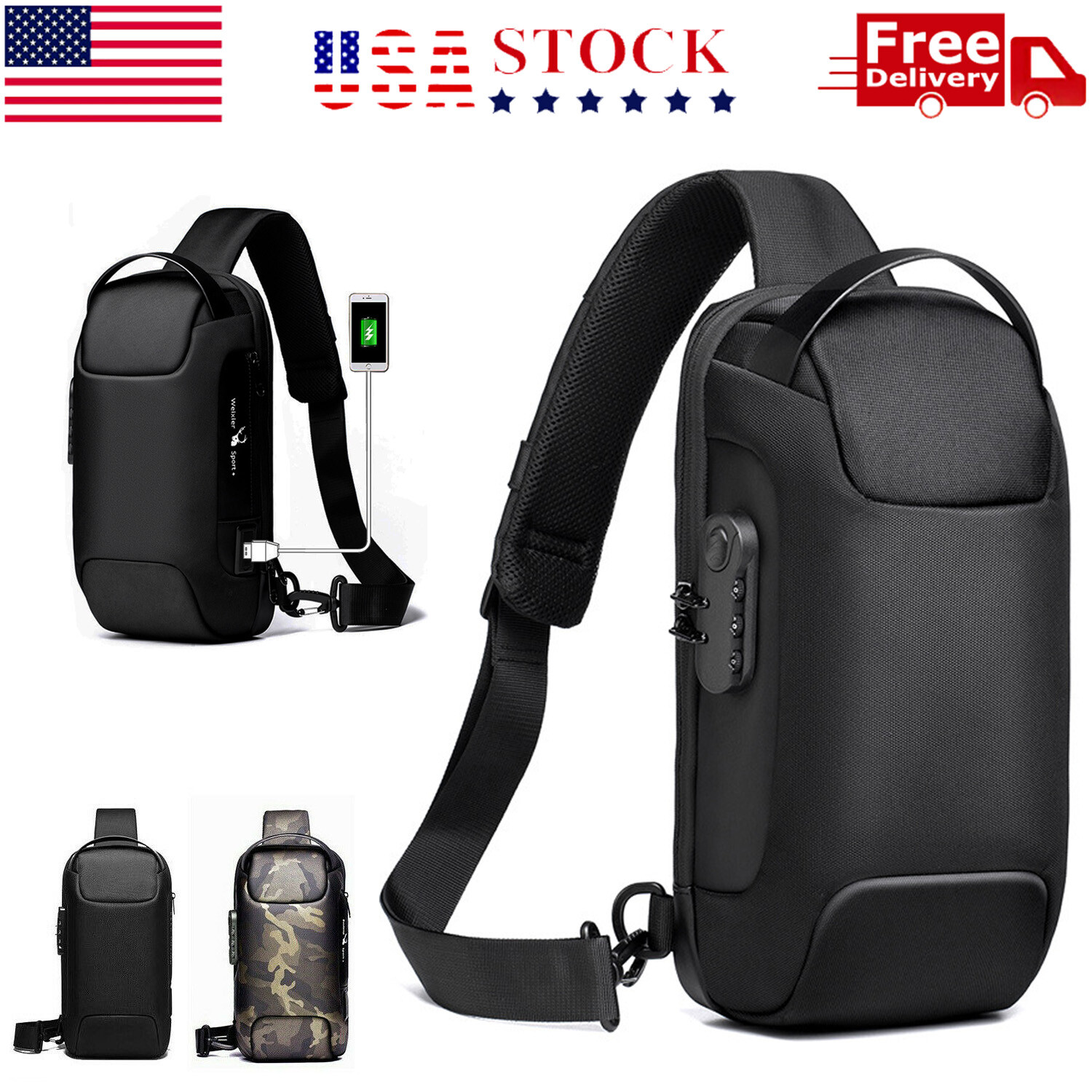 Anti Theft Sling Bag Waterproof Chest Bag Crossbody Backpack w/ USB Charge Port