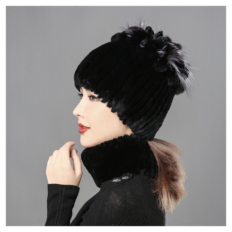 Winter Fur Hats Scarf Women Real Rex Rabbit Warm Beanie Cap With Fox Fur Fluffy
