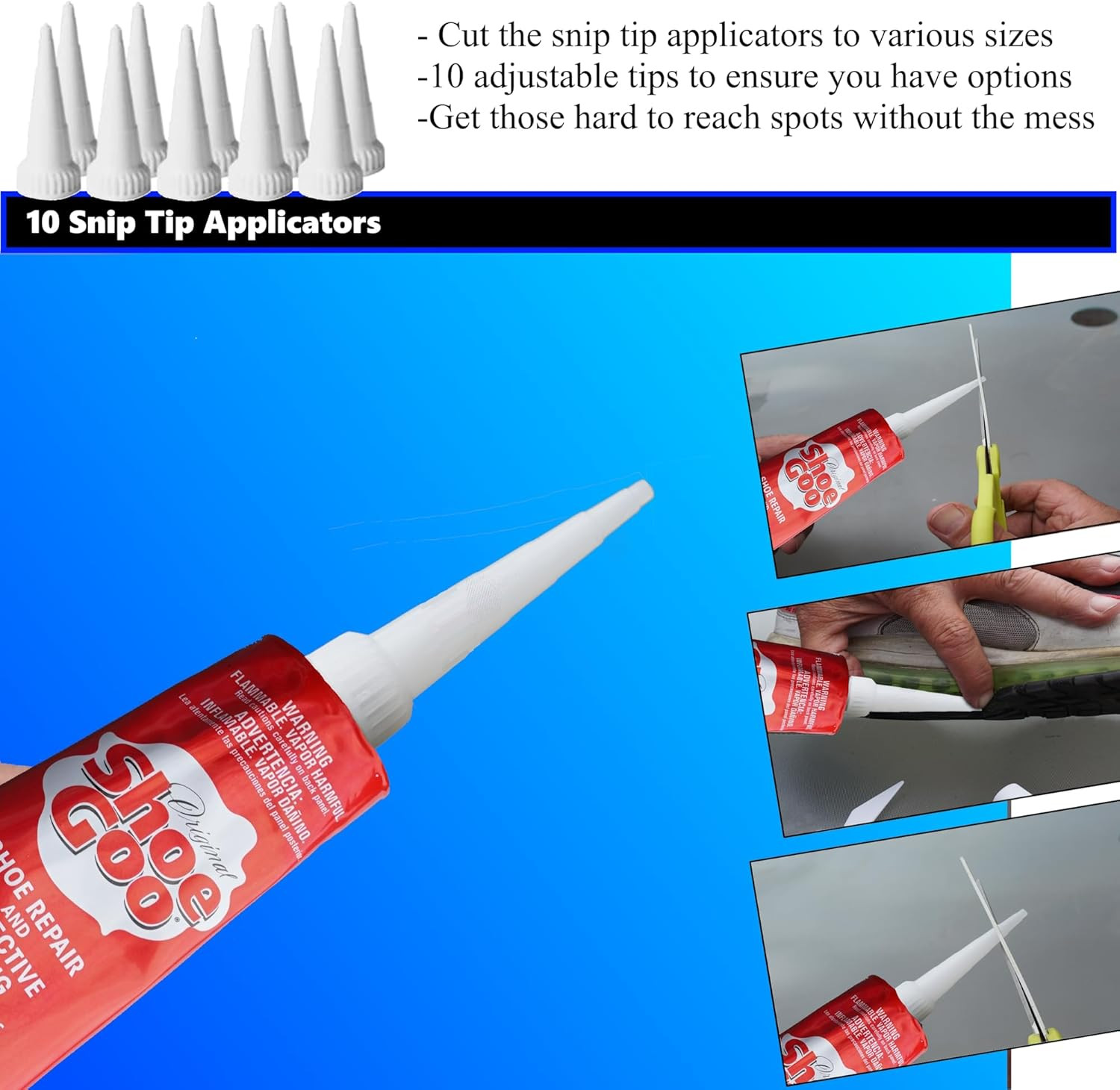 Clear Shoe Repair Adhesive Bundle: Includes 10 Snip Tip Applicators and a Set of
