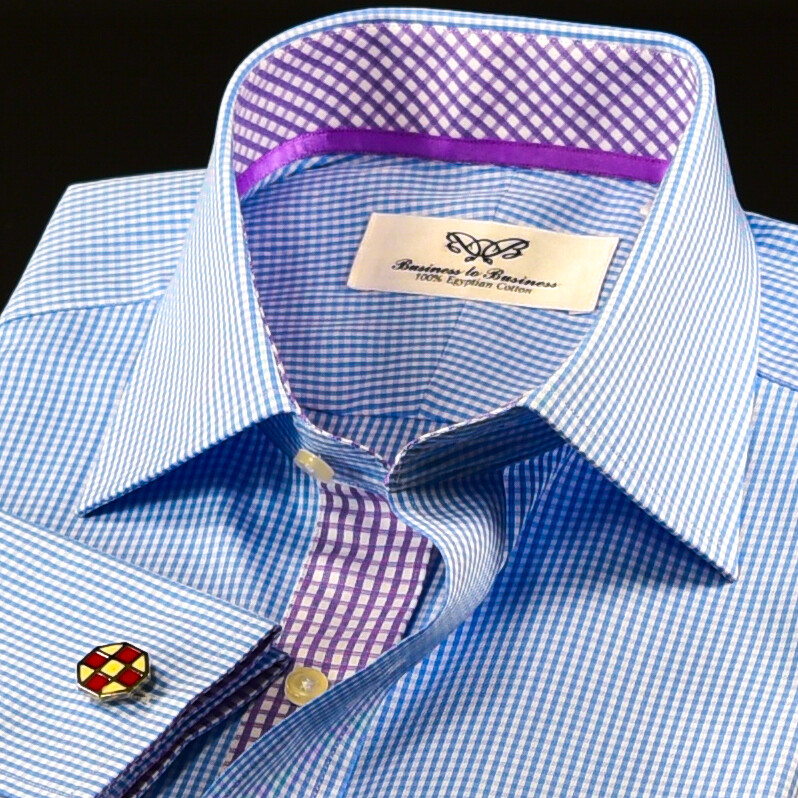 Blue Check on Designer Formal Business Dress Shirt Purple Matching Pattern