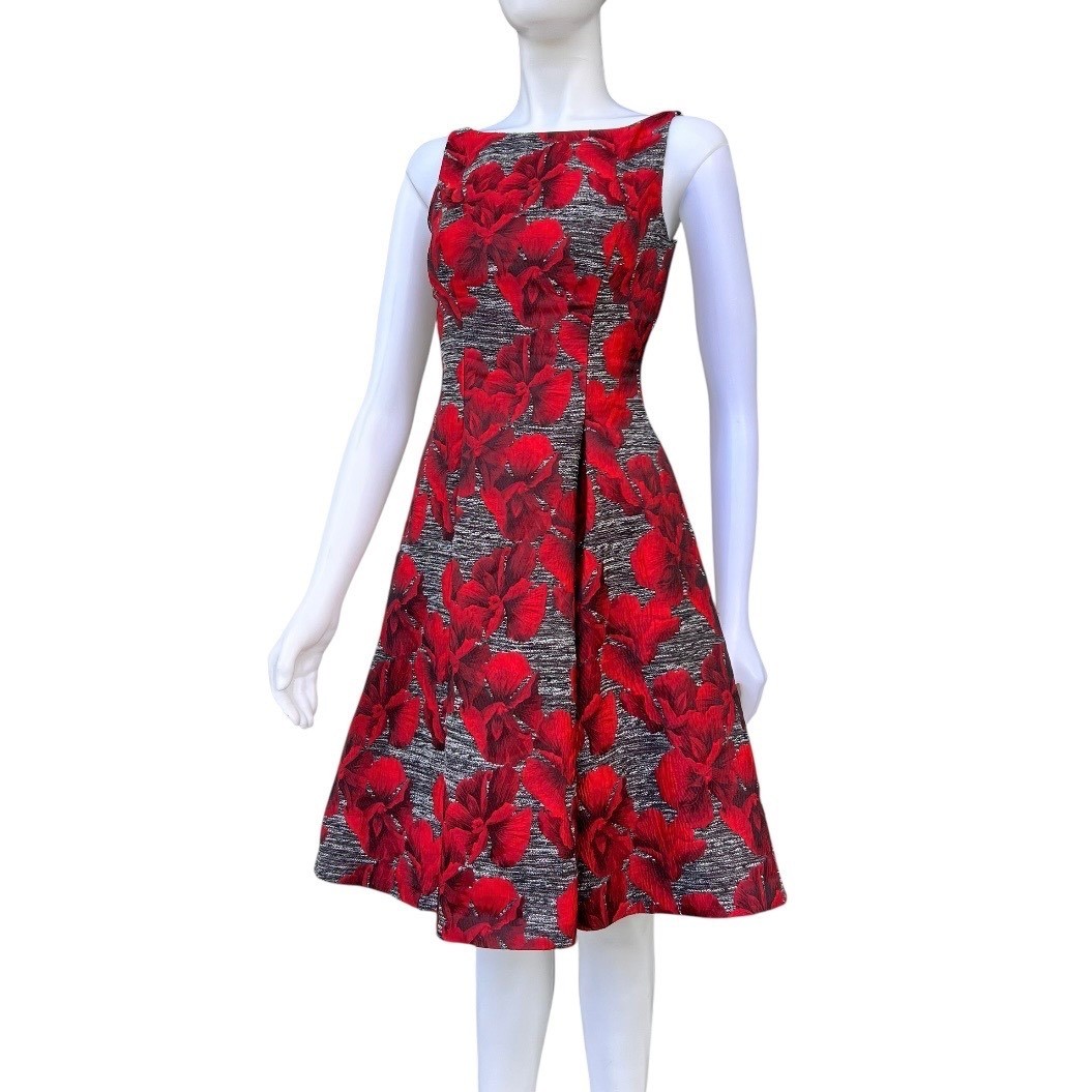 Adrianna Papell Floral Jacquard Fit & Flare Dress Red Black V-Back Old Money 4