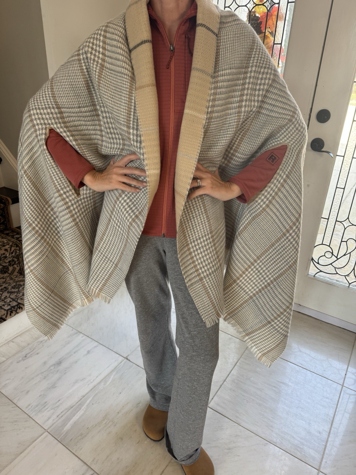 Soft Fringe Scarf Plaid Grey Beige White – 81” By 36” – Reversible W/ Hand Holes