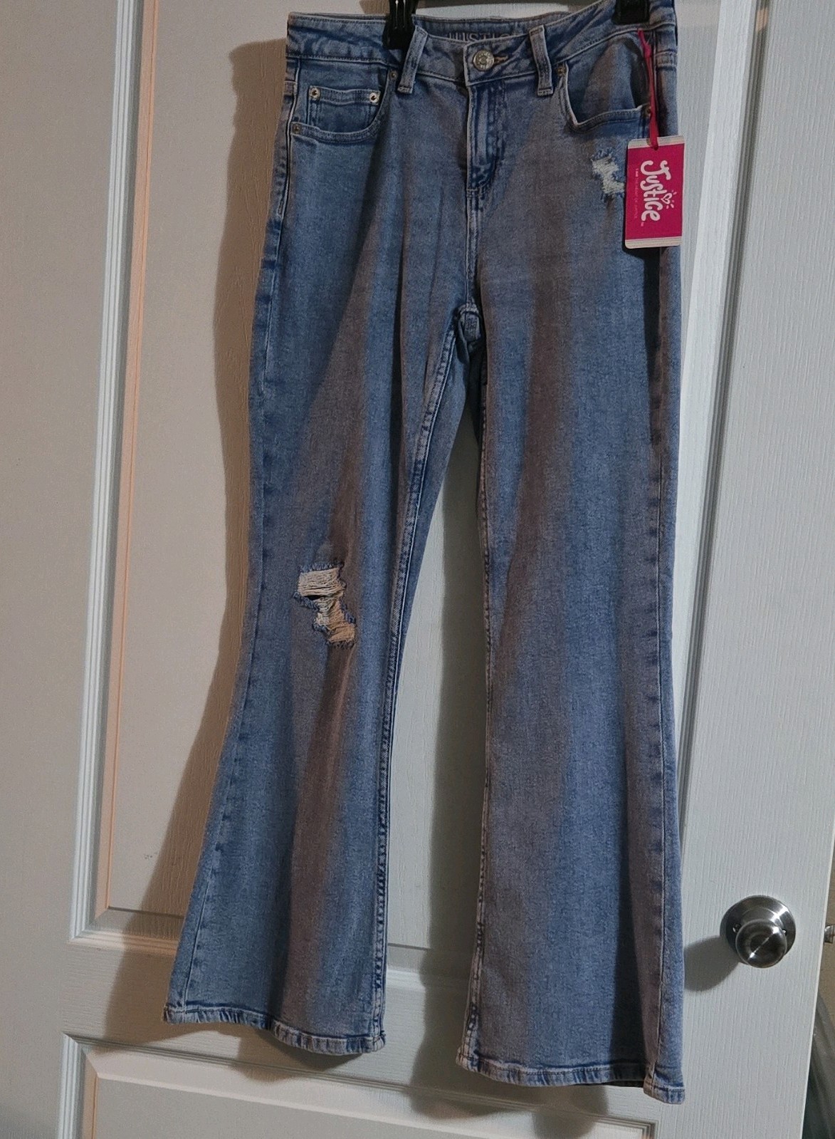 Justice Girls Flared Denim Jeans Size 18 Blue Medium Wash Distressed Pockets