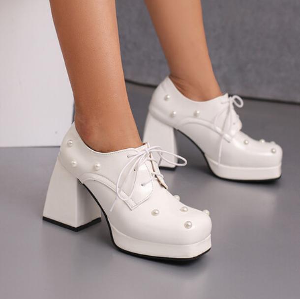 Women Square Toe Beaded Lace Up Pumps Candy Color Mary Jane Shoe Block Heel Pump